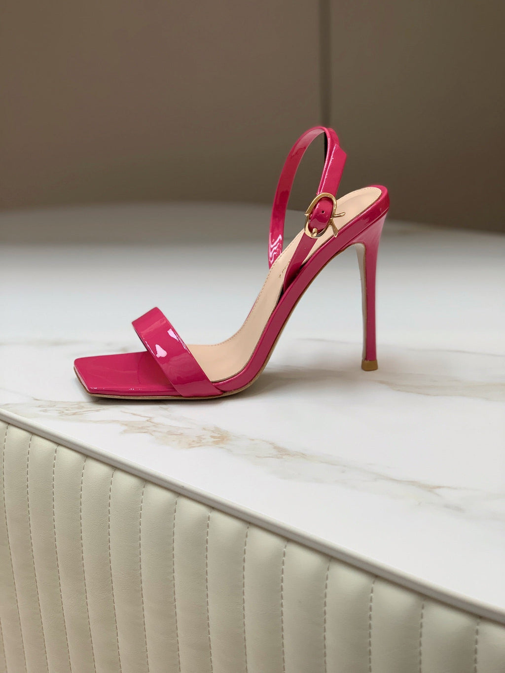GIANVITO ROSSI 26S RIBBON HEELS 105 MM IN DARK PINK PATENT LAMBSKIN