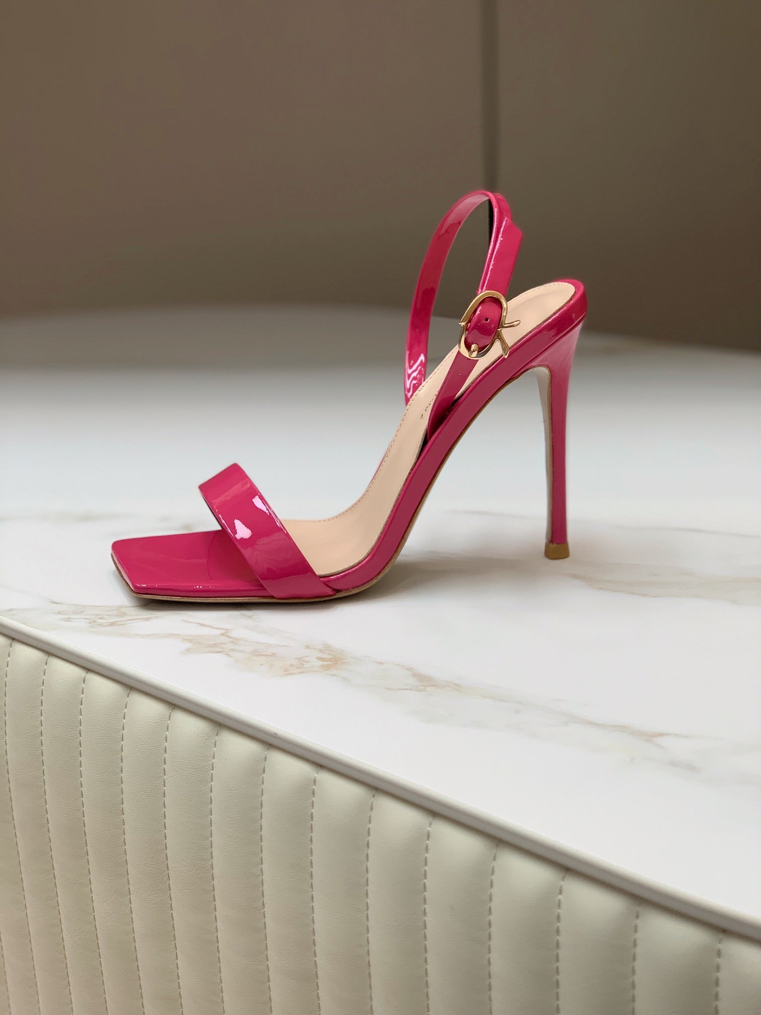 GIANVITO ROSSI 26S RIBBON HEELS 105 MM IN DARK PINK PATENT LAMBSKIN