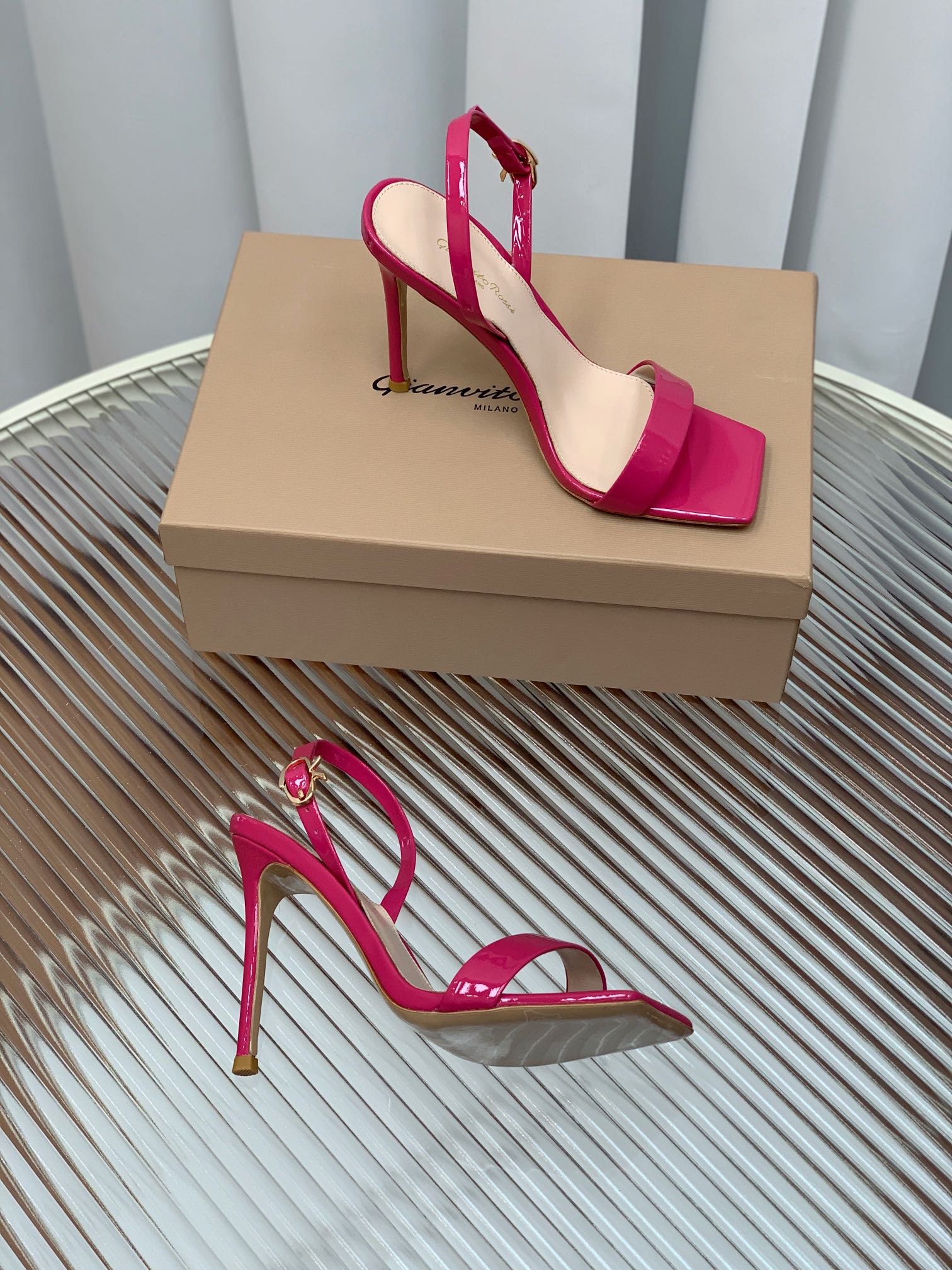 GIANVITO ROSSI 26S RIBBON HEELS 105 MM IN DARK PINK PATENT LAMBSKIN