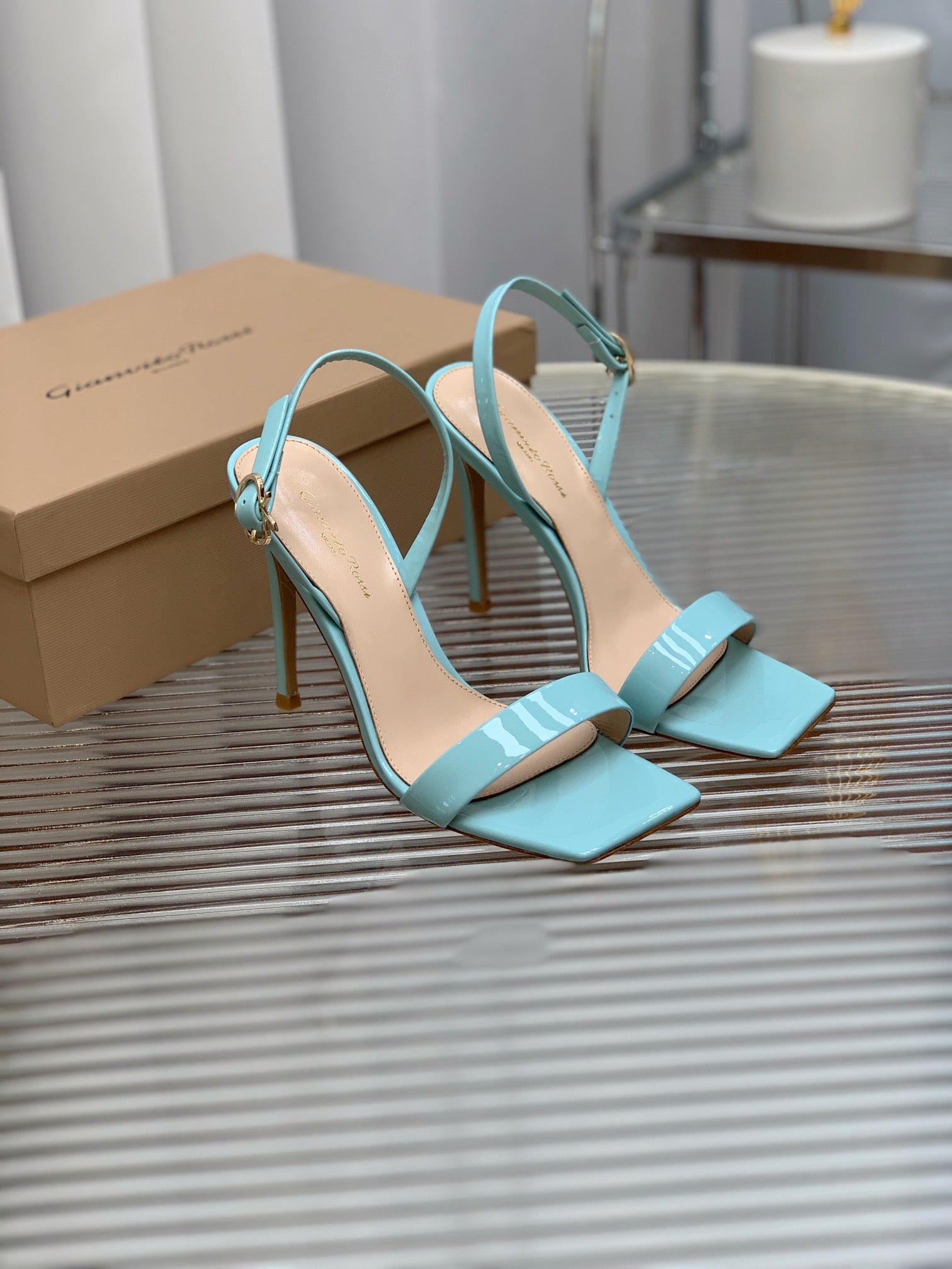 GIANVITO ROSSI 26S RIBBON HEELS 105 MM IN LIGHT BLUE PATENT LAMBSKIN