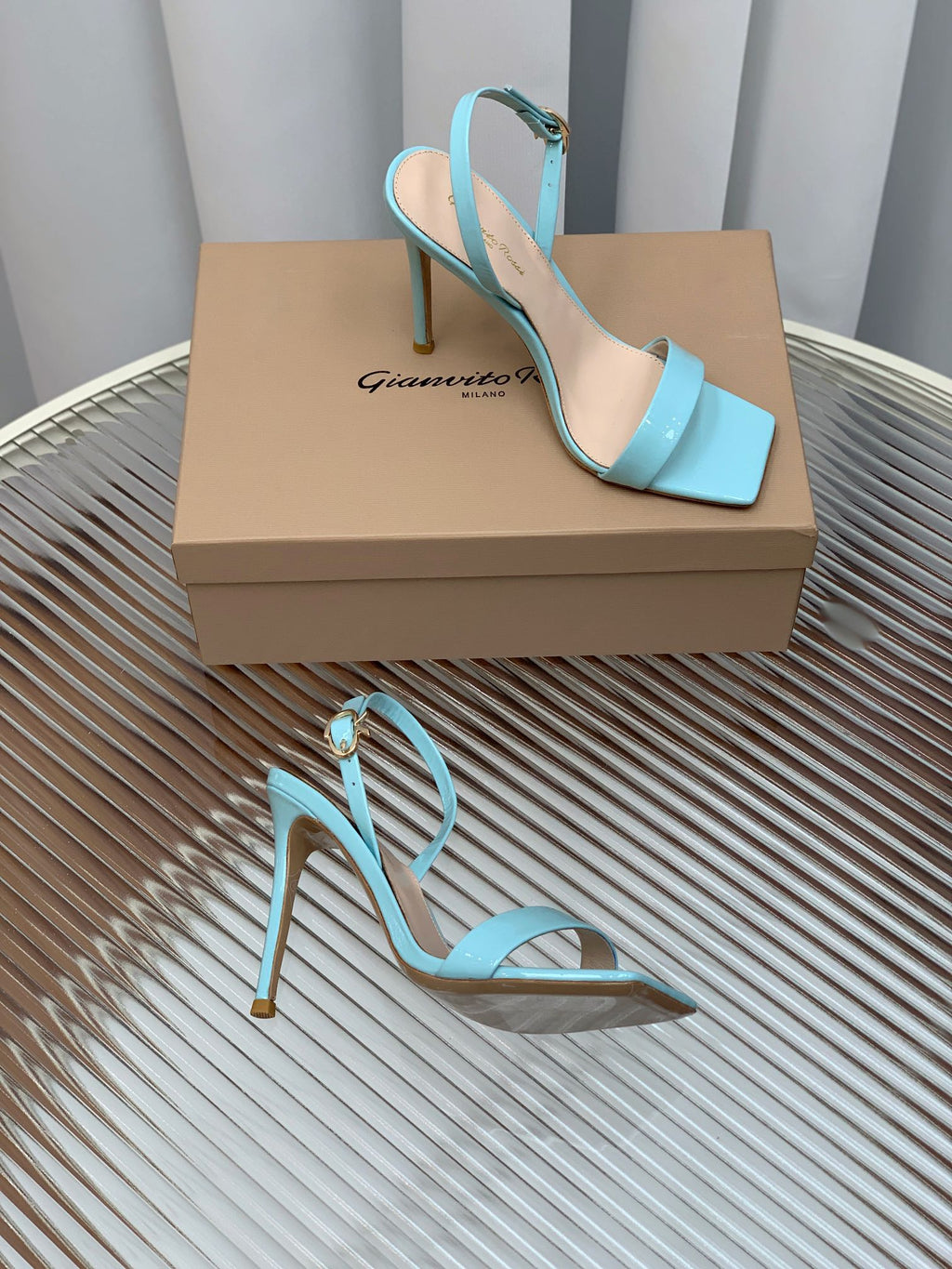 GIANVITO ROSSI 26S RIBBON HEELS 105 MM IN LIGHT BLUE PATENT LAMBSKIN