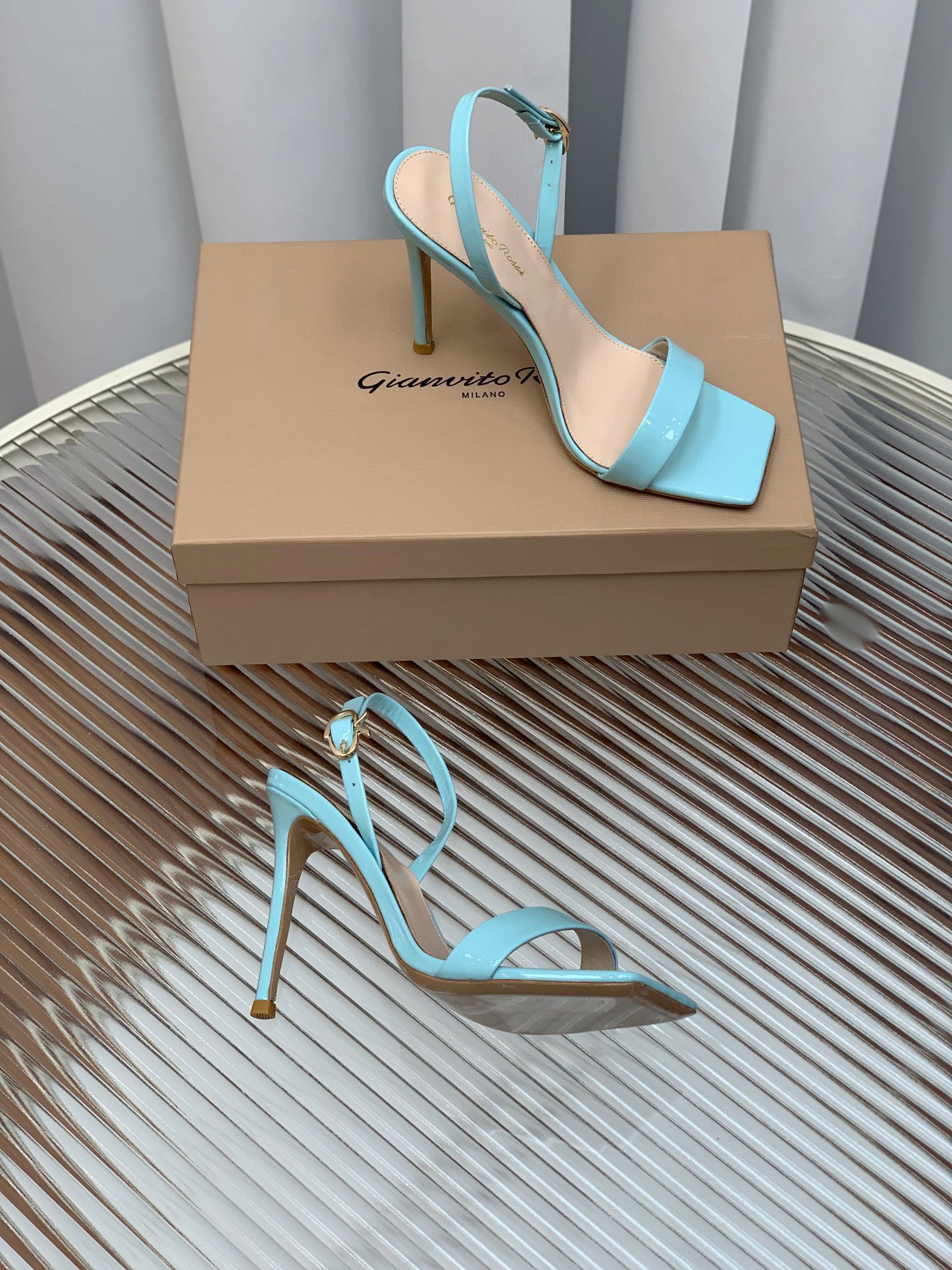 GIANVITO ROSSI 26S RIBBON HEELS 105 MM IN LIGHT BLUE PATENT LAMBSKIN
