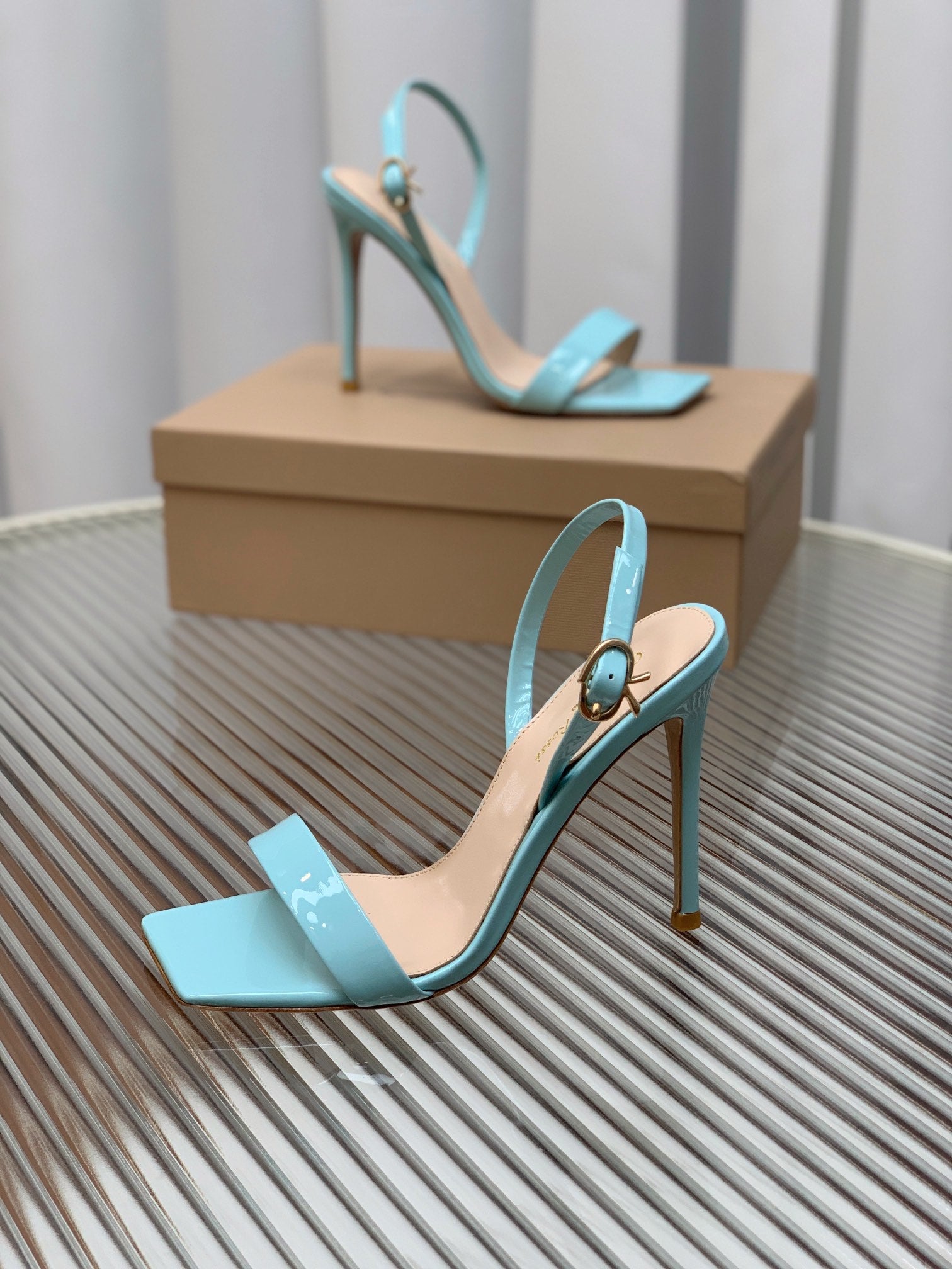 GIANVITO ROSSI 26S RIBBON HEELS 105 MM IN LIGHT BLUE PATENT LAMBSKIN