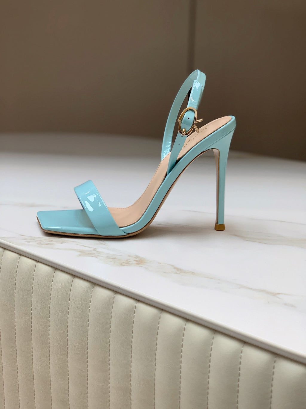 GIANVITO ROSSI 26S RIBBON HEELS 105 MM IN LIGHT BLUE PATENT LAMBSKIN