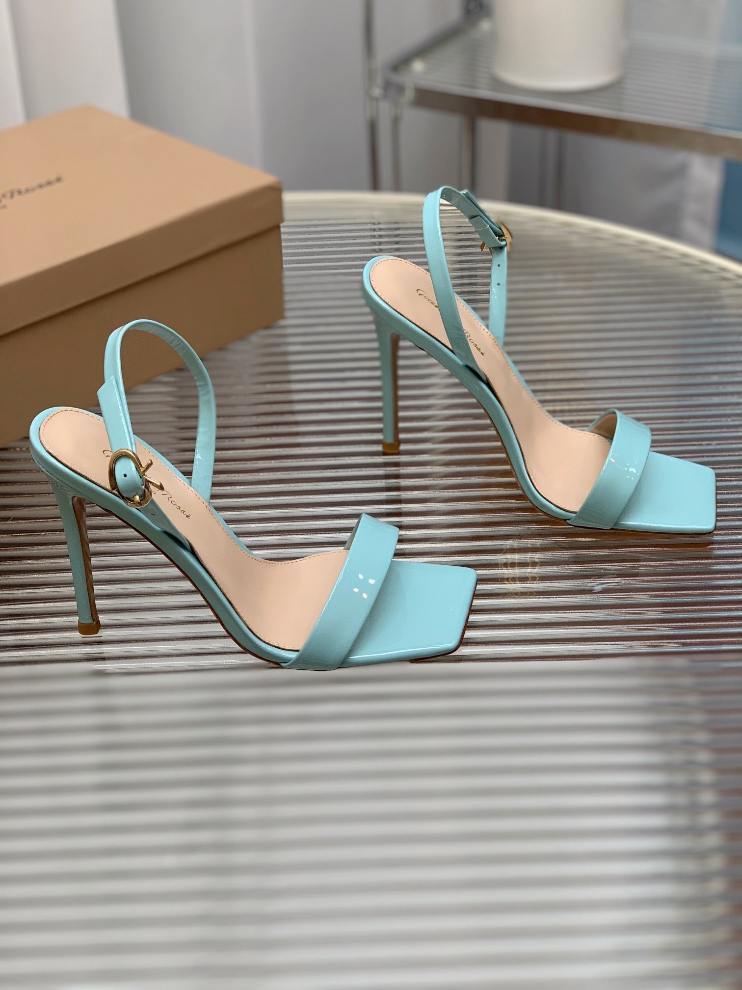 GIANVITO ROSSI 26S RIBBON HEELS 105 MM IN LIGHT BLUE PATENT LAMBSKIN