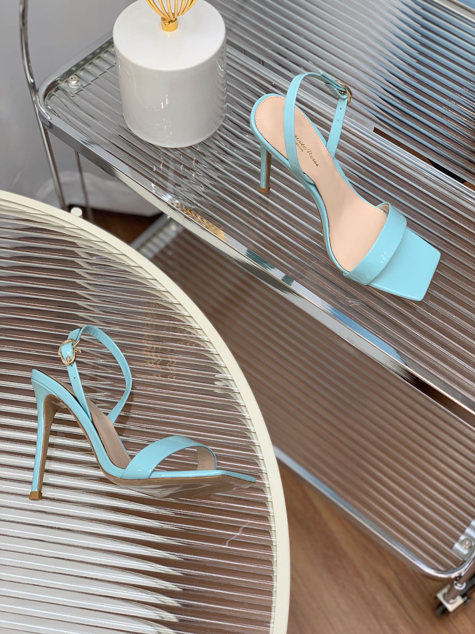 GIANVITO ROSSI 26S RIBBON HEELS 105 MM IN LIGHT BLUE PATENT LAMBSKIN