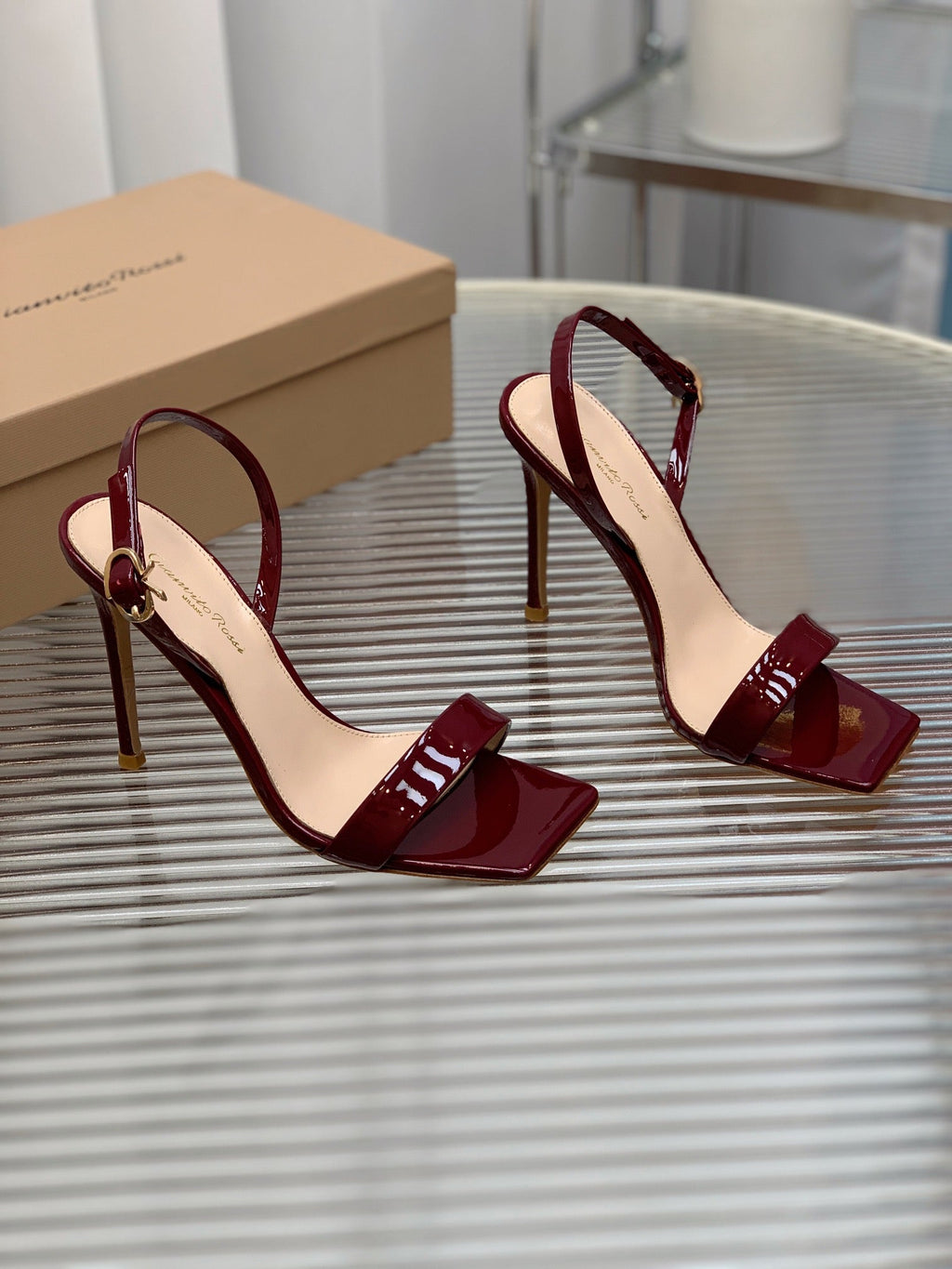 GIANVITO ROSSI 26S RIBBON HEELS 105 MM IN DARK RED PATENT LAMBSKIN