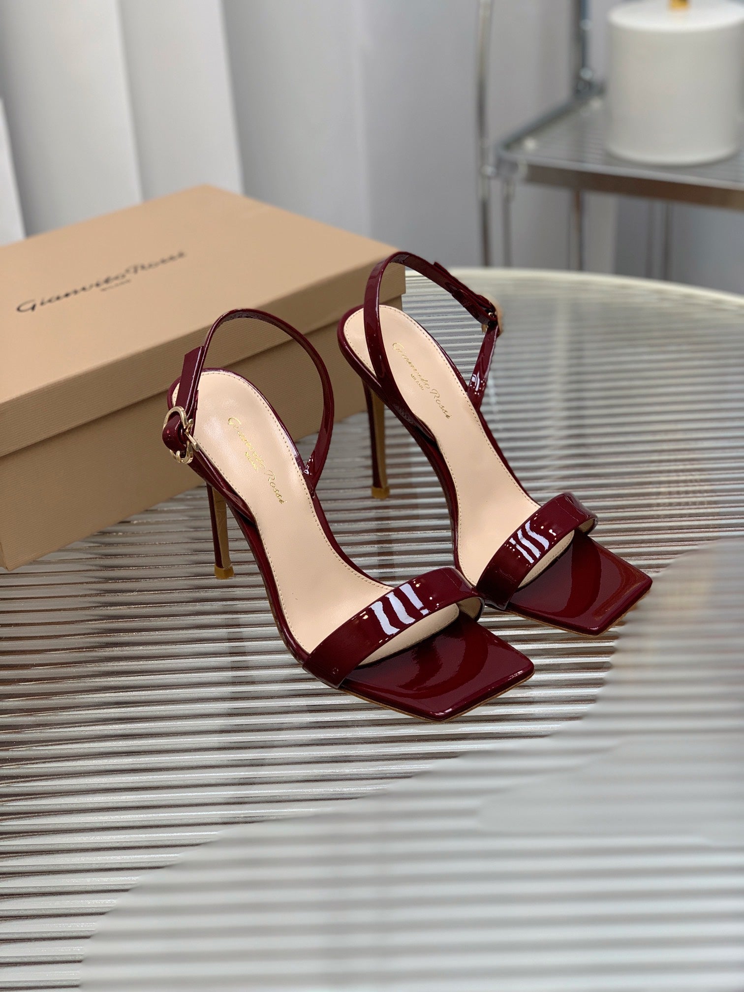 GIANVITO ROSSI 26S RIBBON HEELS 105 MM IN DARK RED PATENT LAMBSKIN