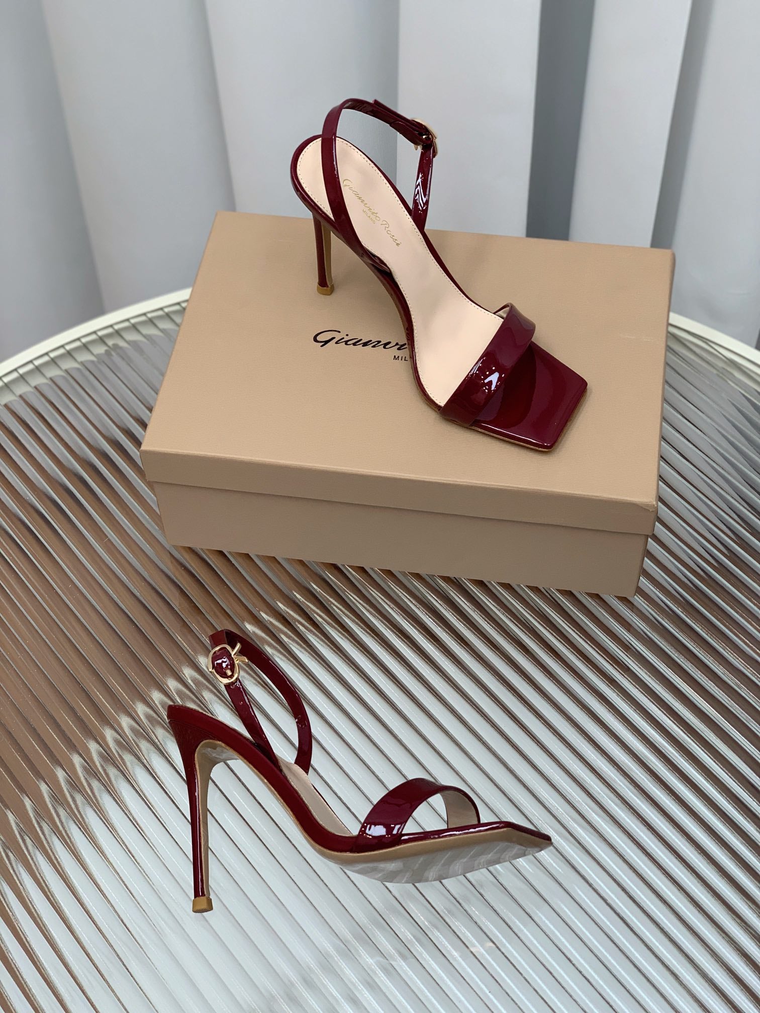 GIANVITO ROSSI 26S RIBBON HEELS 105 MM IN DARK RED PATENT LAMBSKIN
