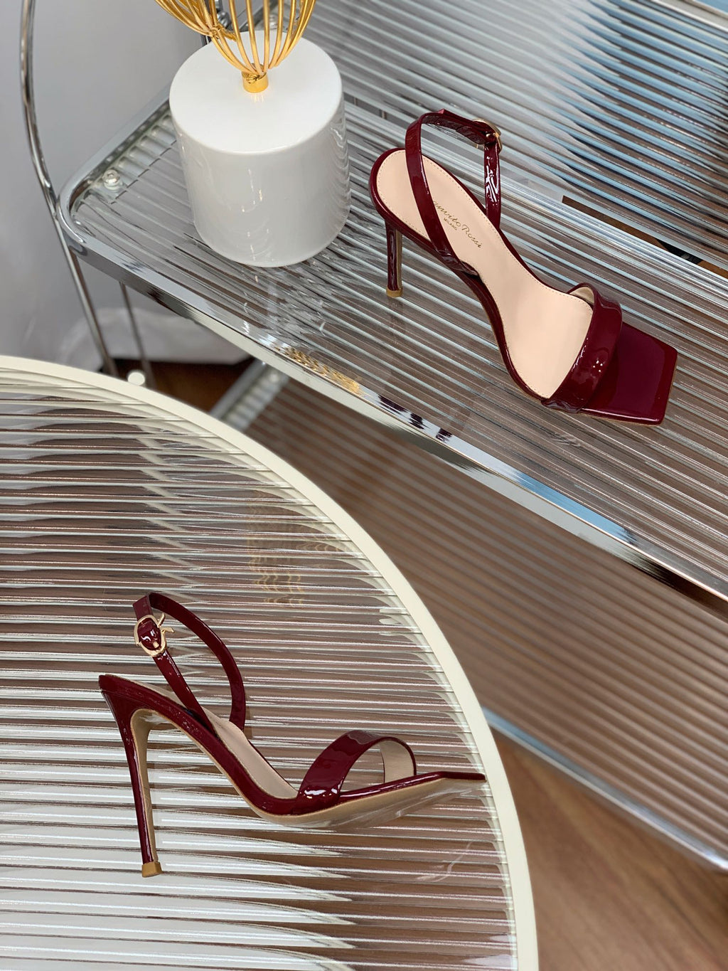 GIANVITO ROSSI 26S RIBBON HEELS 105 MM IN DARK RED PATENT LAMBSKIN