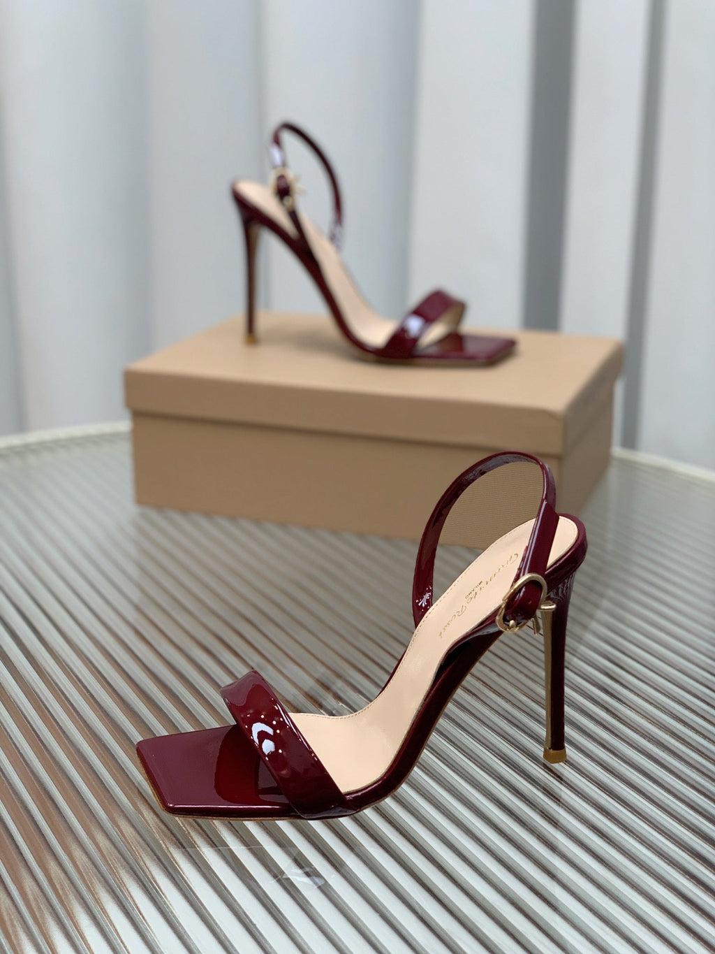 GIANVITO ROSSI 26S RIBBON HEELS 105 MM IN DARK RED PATENT LAMBSKIN