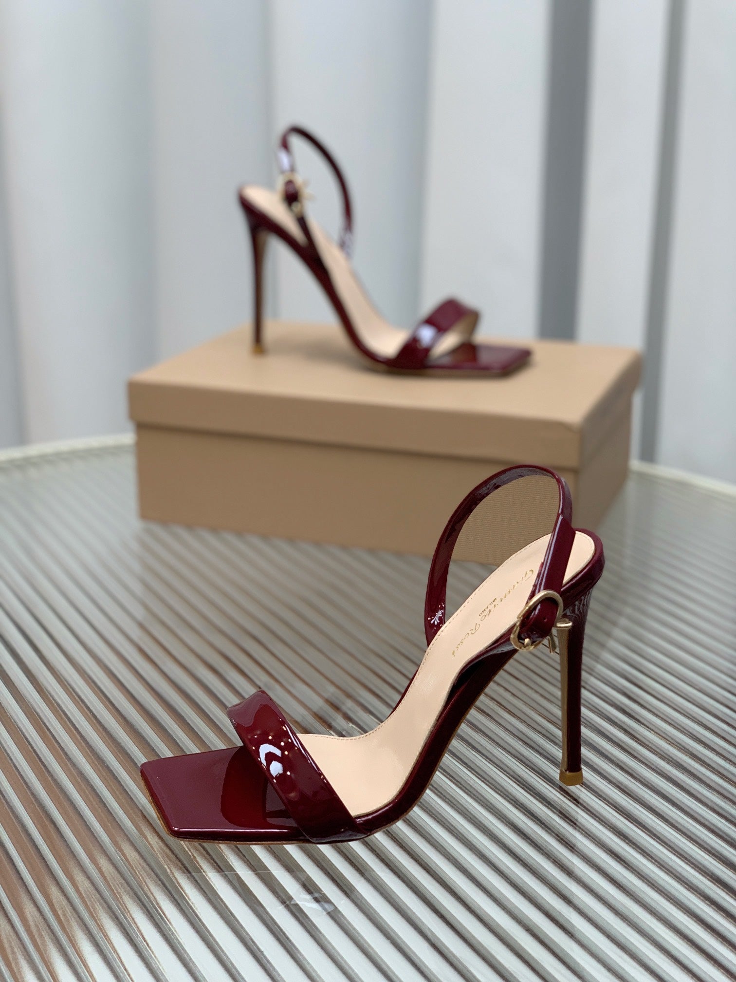 GIANVITO ROSSI 26S RIBBON HEELS 105 MM IN DARK RED PATENT LAMBSKIN