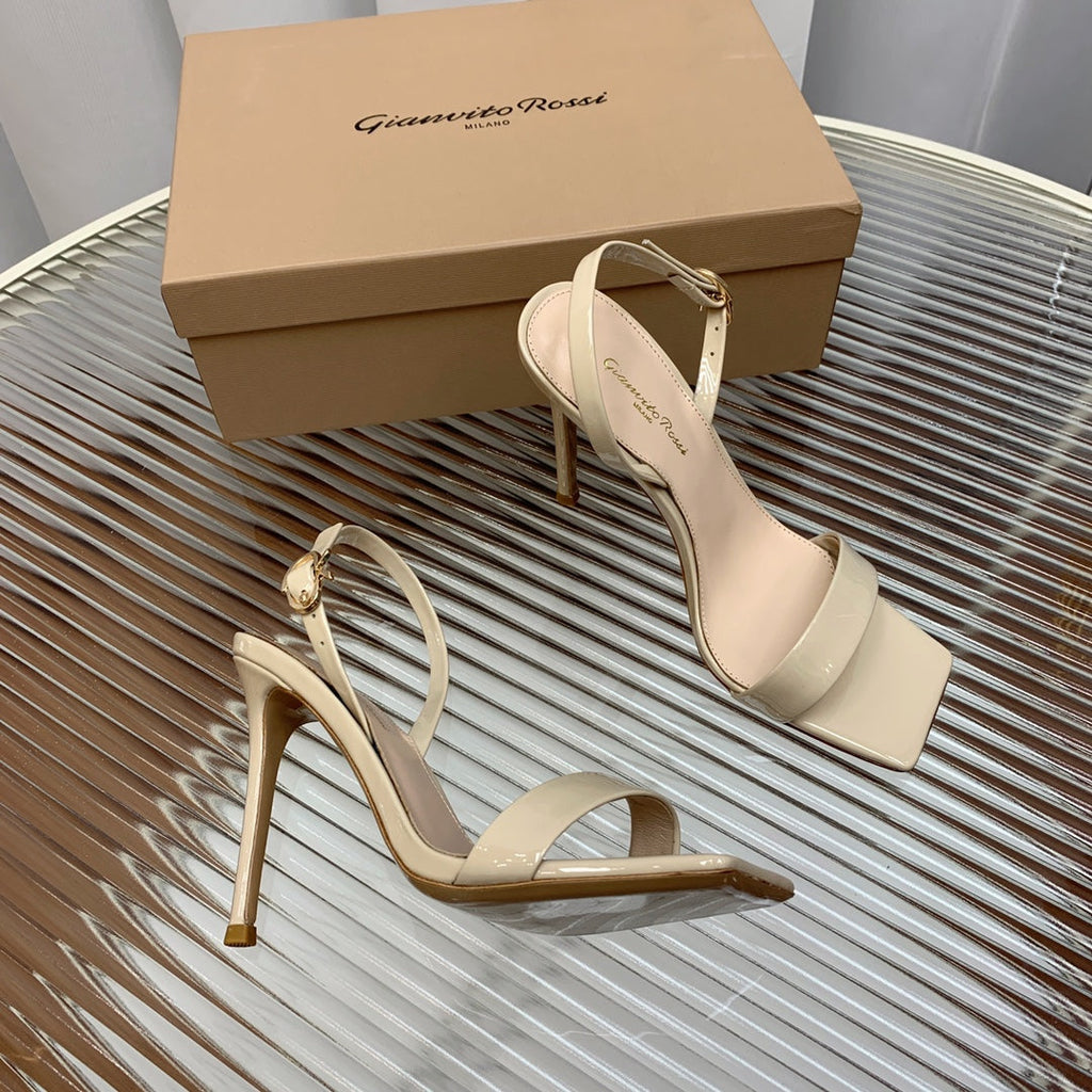 GIANVITO ROSSI 26S RIBBON HEELS 105 MM IN LIGHT BEIGE PATENT LAMBSKIN