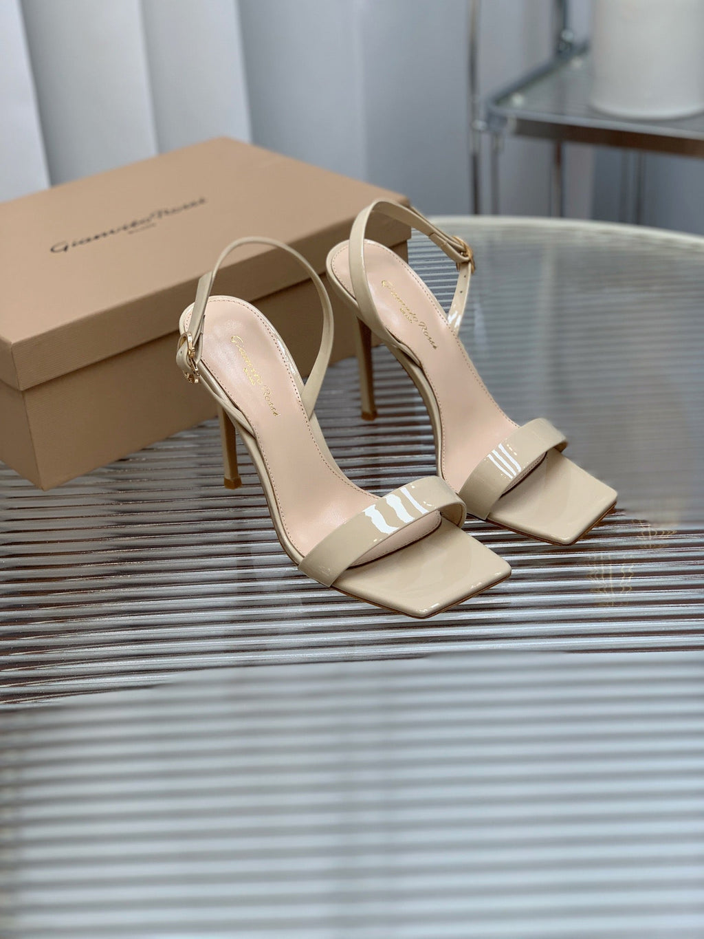 GIANVITO ROSSI 26S RIBBON HEELS 105 MM IN LIGHT BEIGE PATENT LAMBSKIN