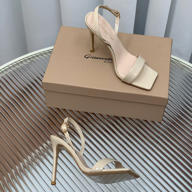 GIANVITO ROSSI 26S RIBBON HEELS 105 MM IN LIGHT BEIGE PATENT LAMBSKIN