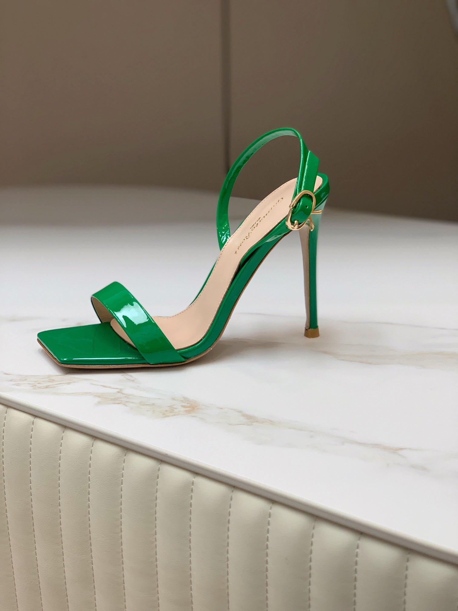 GIANVITO ROSSI 26S RIBBON HEELS 105 MM IN GREEN PATENT LAMBSKIN