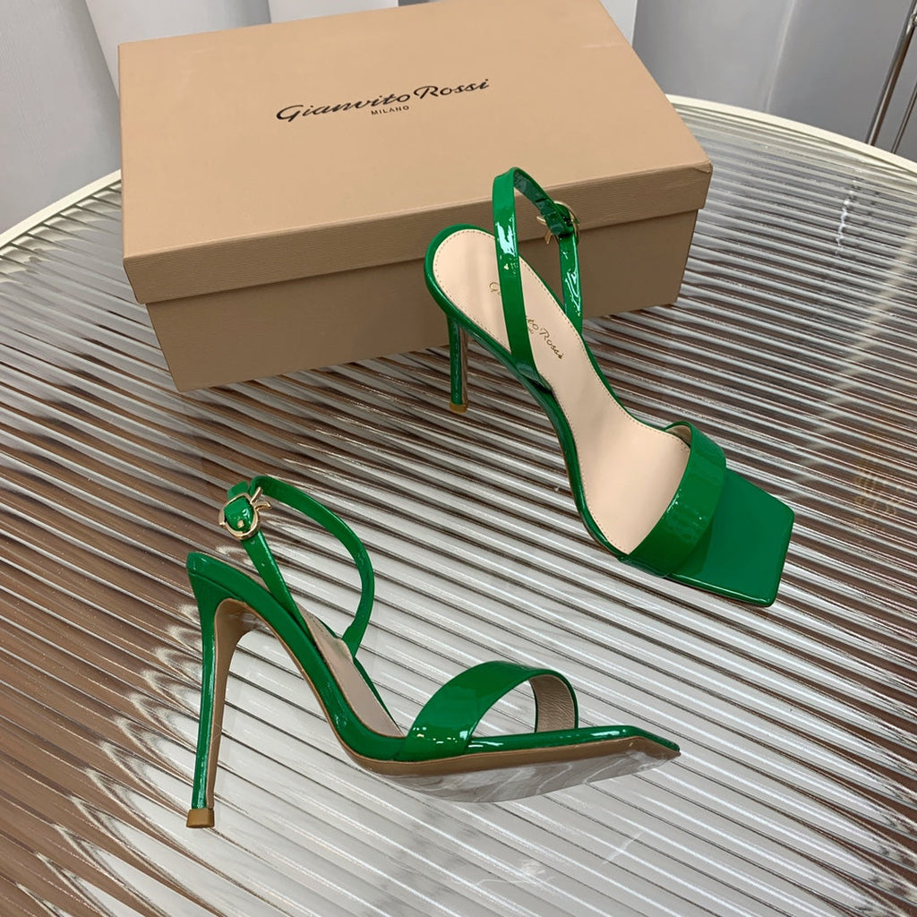 GIANVITO ROSSI 26S RIBBON HEELS 105 MM IN GREEN PATENT LAMBSKIN