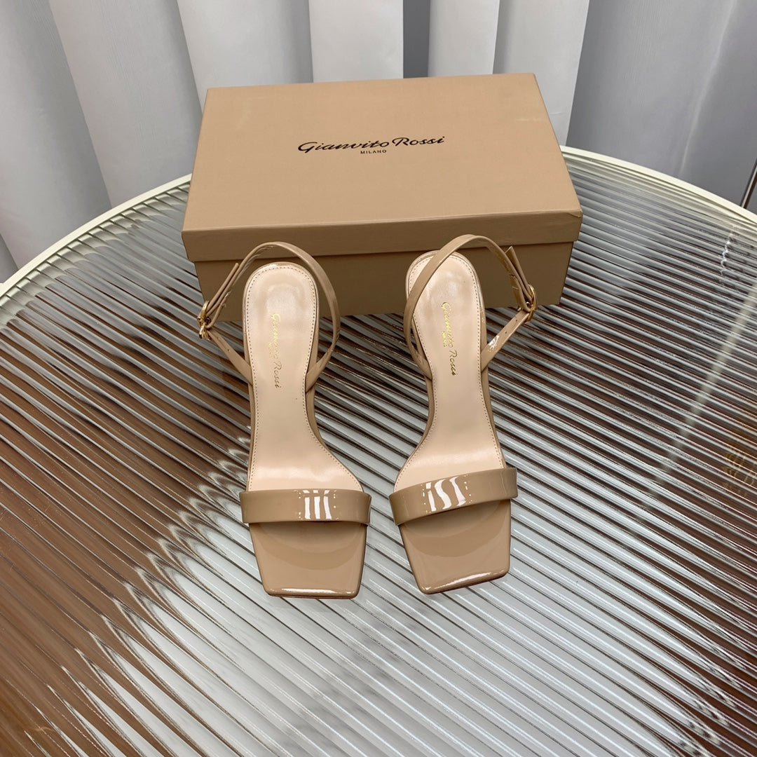 GIANVITO ROSSI 26S RIBBON HEELS 105 MM IN NUDE BEIGE PATENT LAMBSKIN