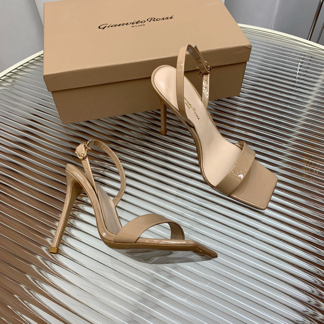 GIANVITO ROSSI 26S RIBBON HEELS 105 MM IN NUDE BEIGE PATENT LAMBSKIN