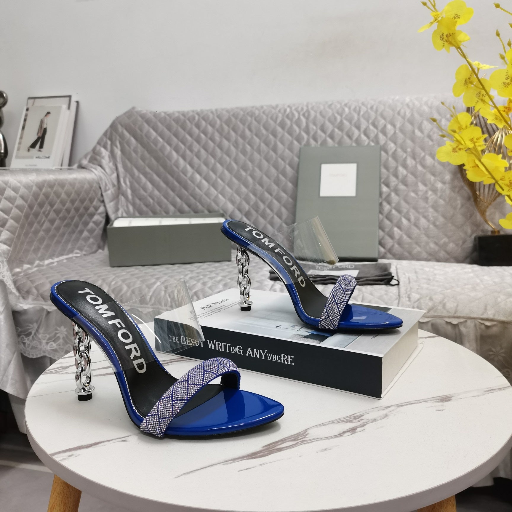 CRYSTAL HIGH HEEL MULE 10 CM IN NAVY BLUE LAMBSKIN