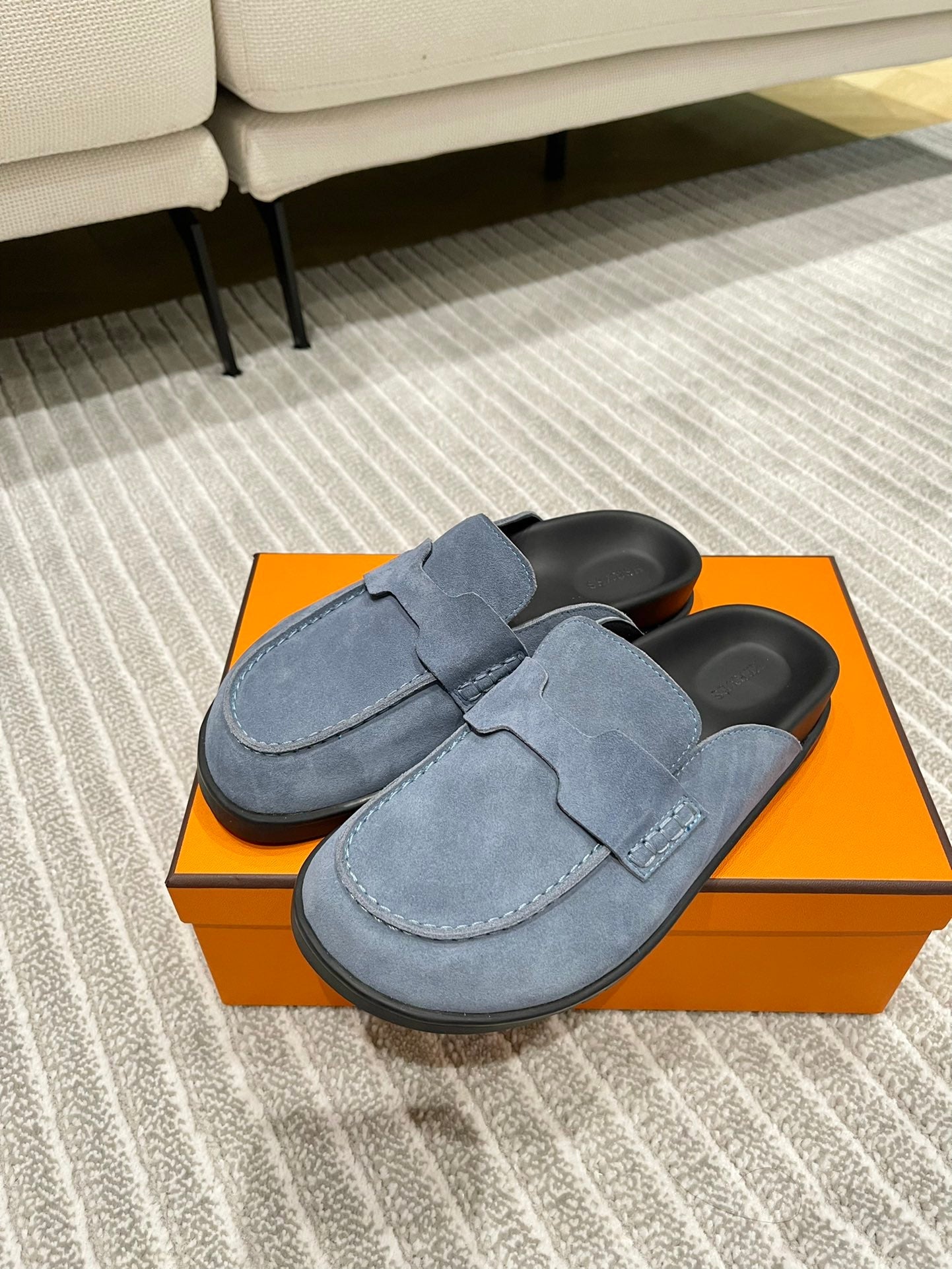 HM MULES IN STONE BLUE SUEDE