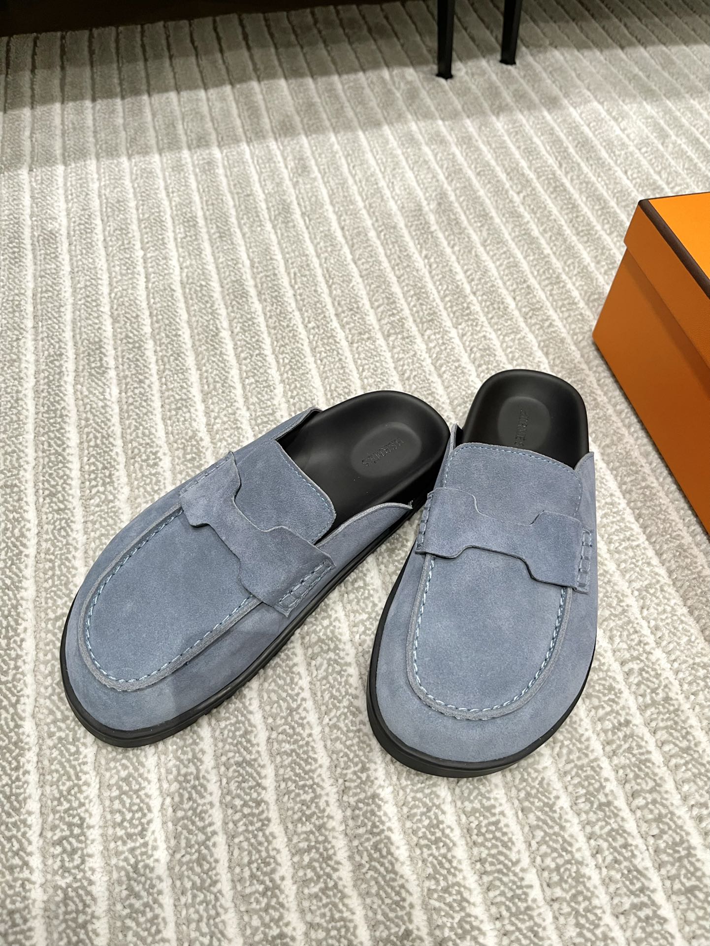 HM MULES IN STONE BLUE SUEDE