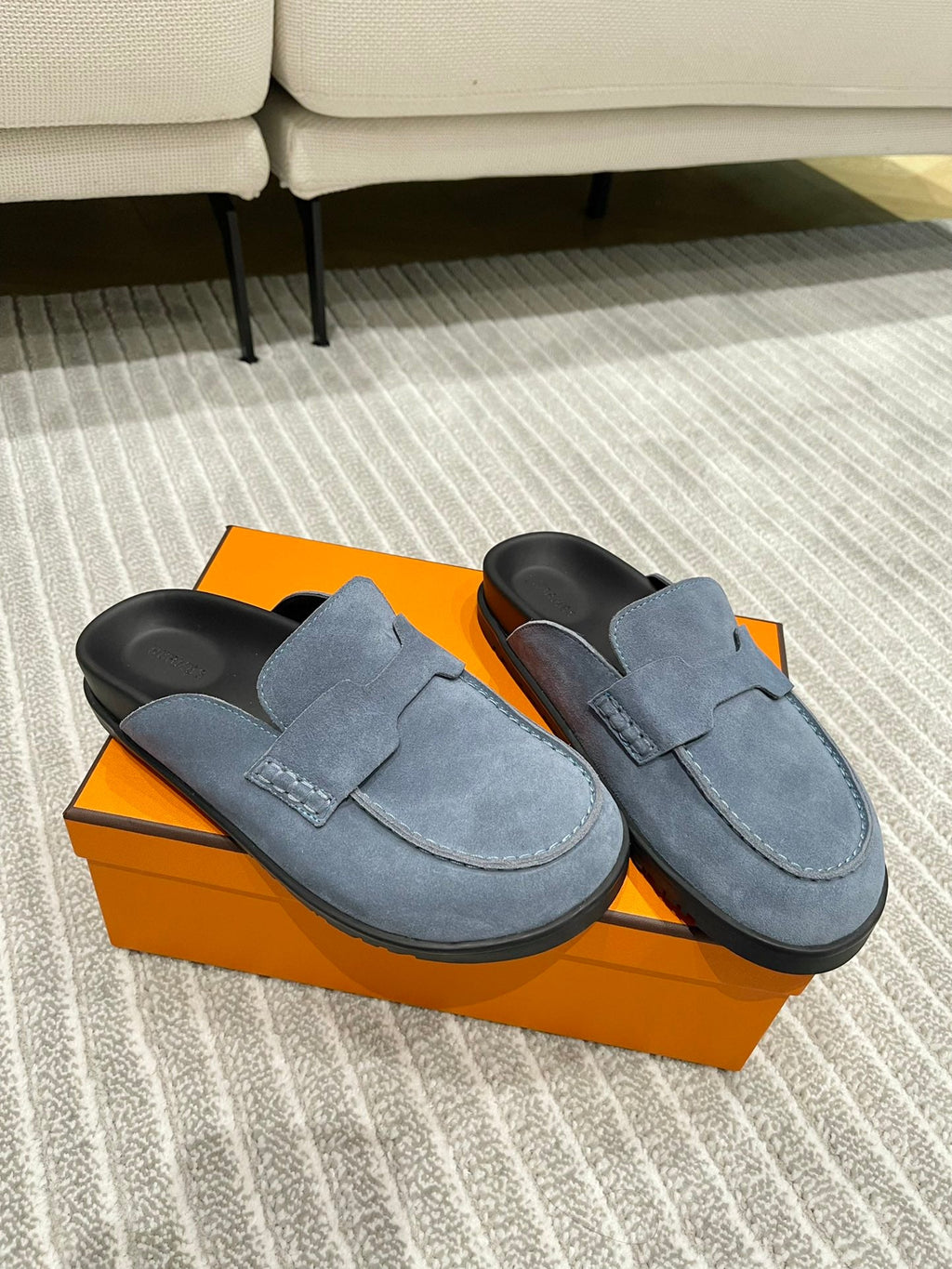 HM MULES IN STONE BLUE SUEDE