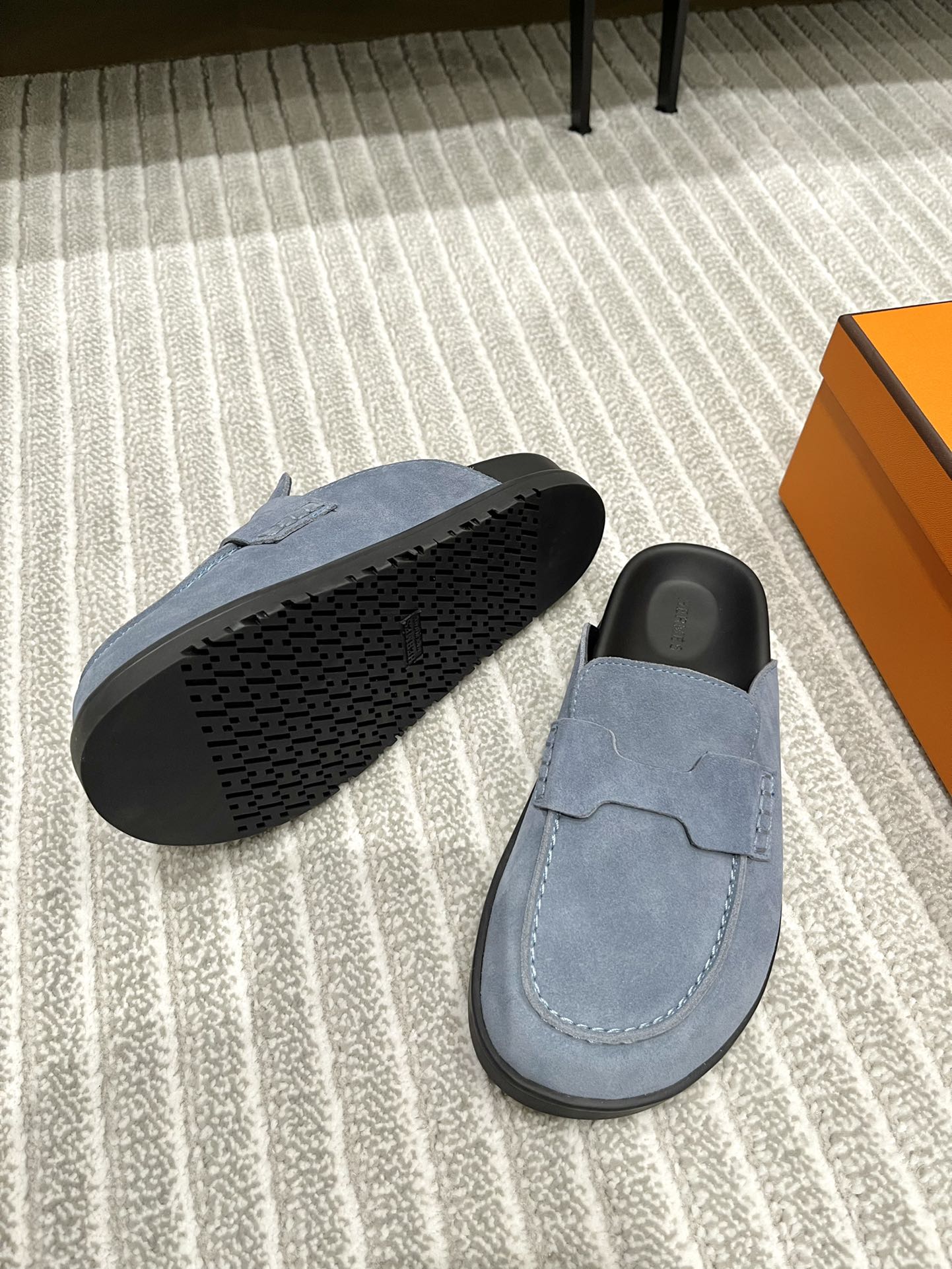 HM MULES IN STONE BLUE SUEDE