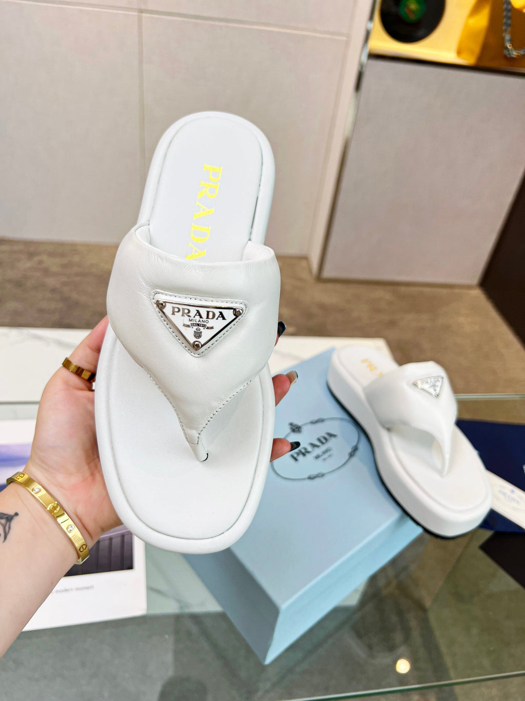 PRA SOFT PADDED NAPPA THONG WEDGE SANDALS WHITE LAMBSKIN
