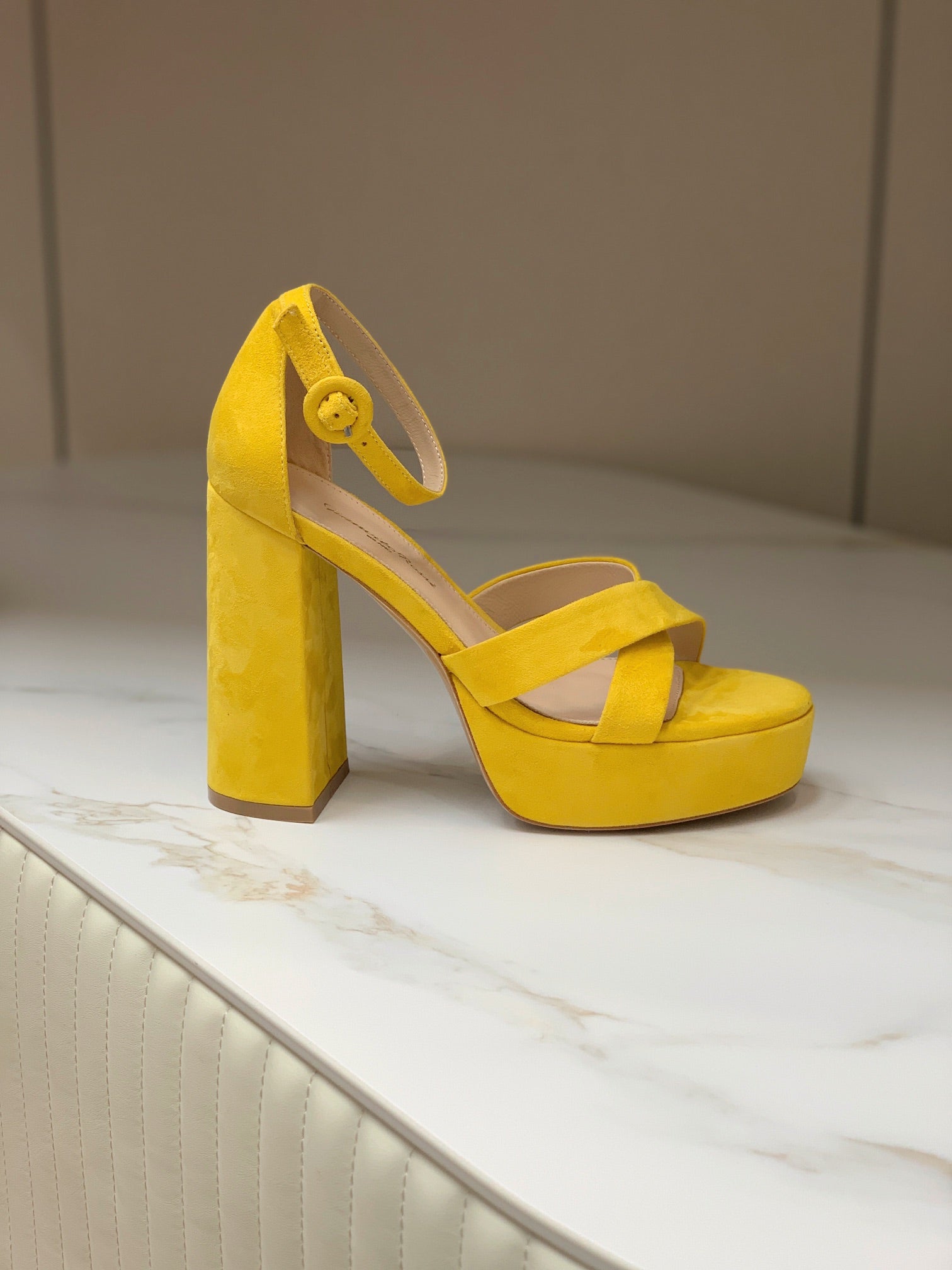 GIANVITO ROSSI 26S PLATFORM SANDALS 115 MM IN YELLOW SUEDE