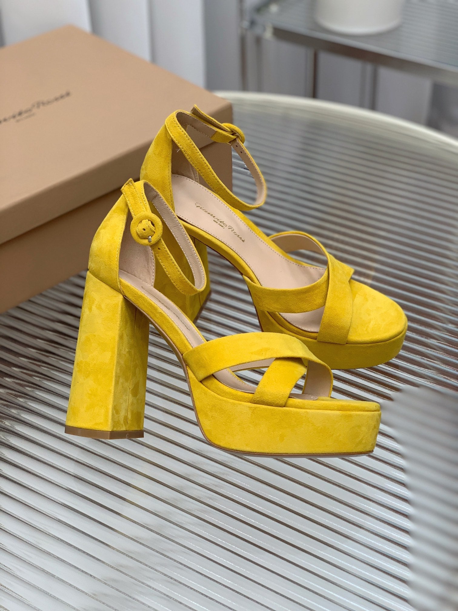 GIANVITO ROSSI 26S PLATFORM SANDALS 115 MM IN YELLOW SUEDE