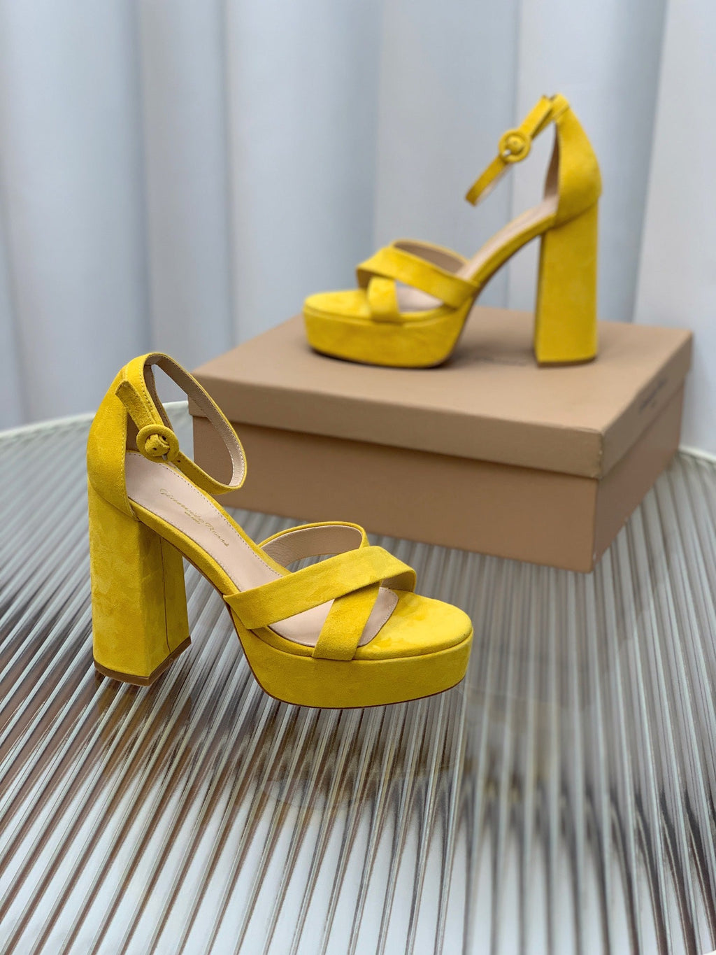GIANVITO ROSSI 26S PLATFORM SANDALS 115 MM IN YELLOW SUEDE