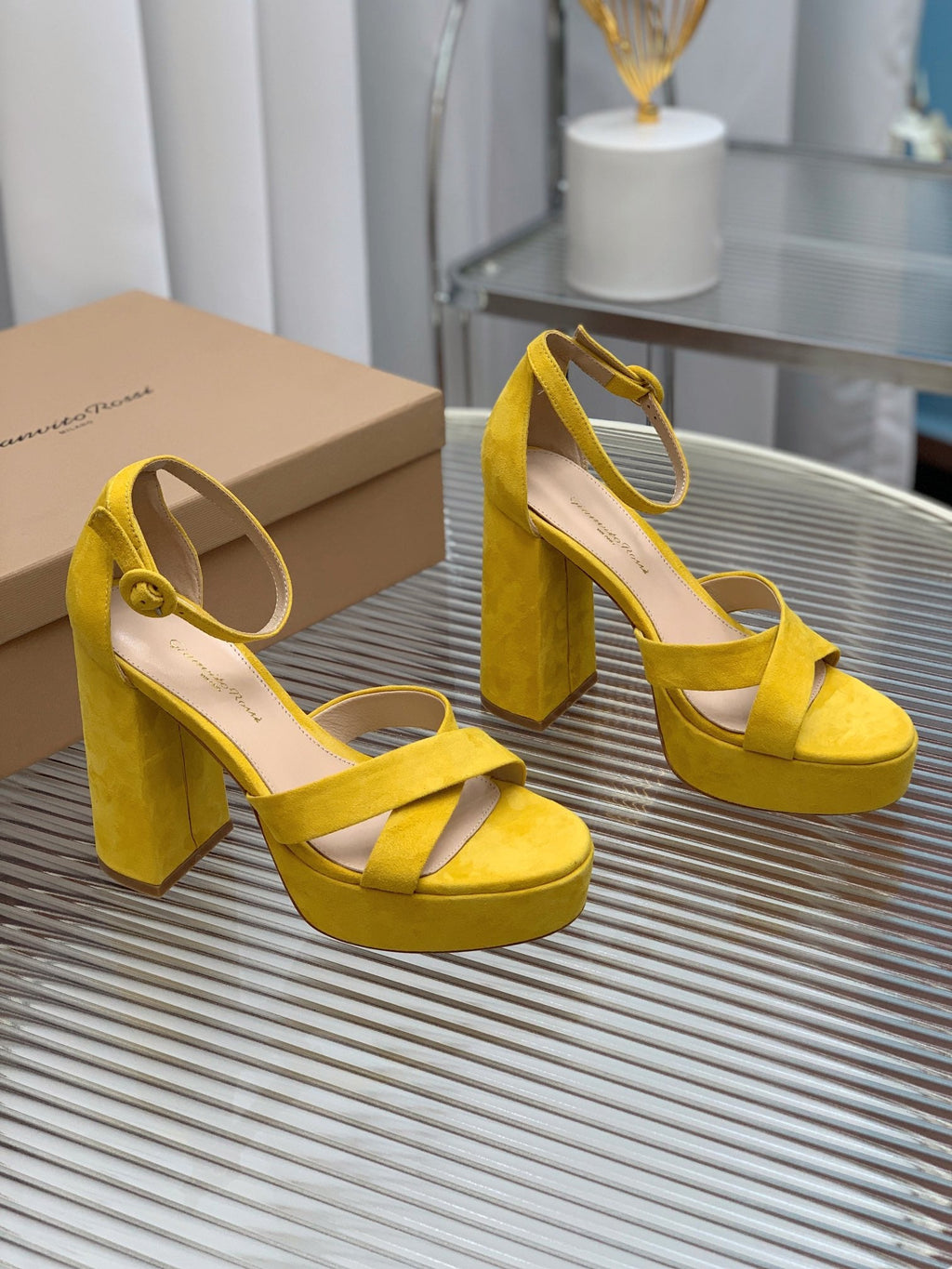 GIANVITO ROSSI 26S PLATFORM SANDALS 115 MM IN YELLOW SUEDE