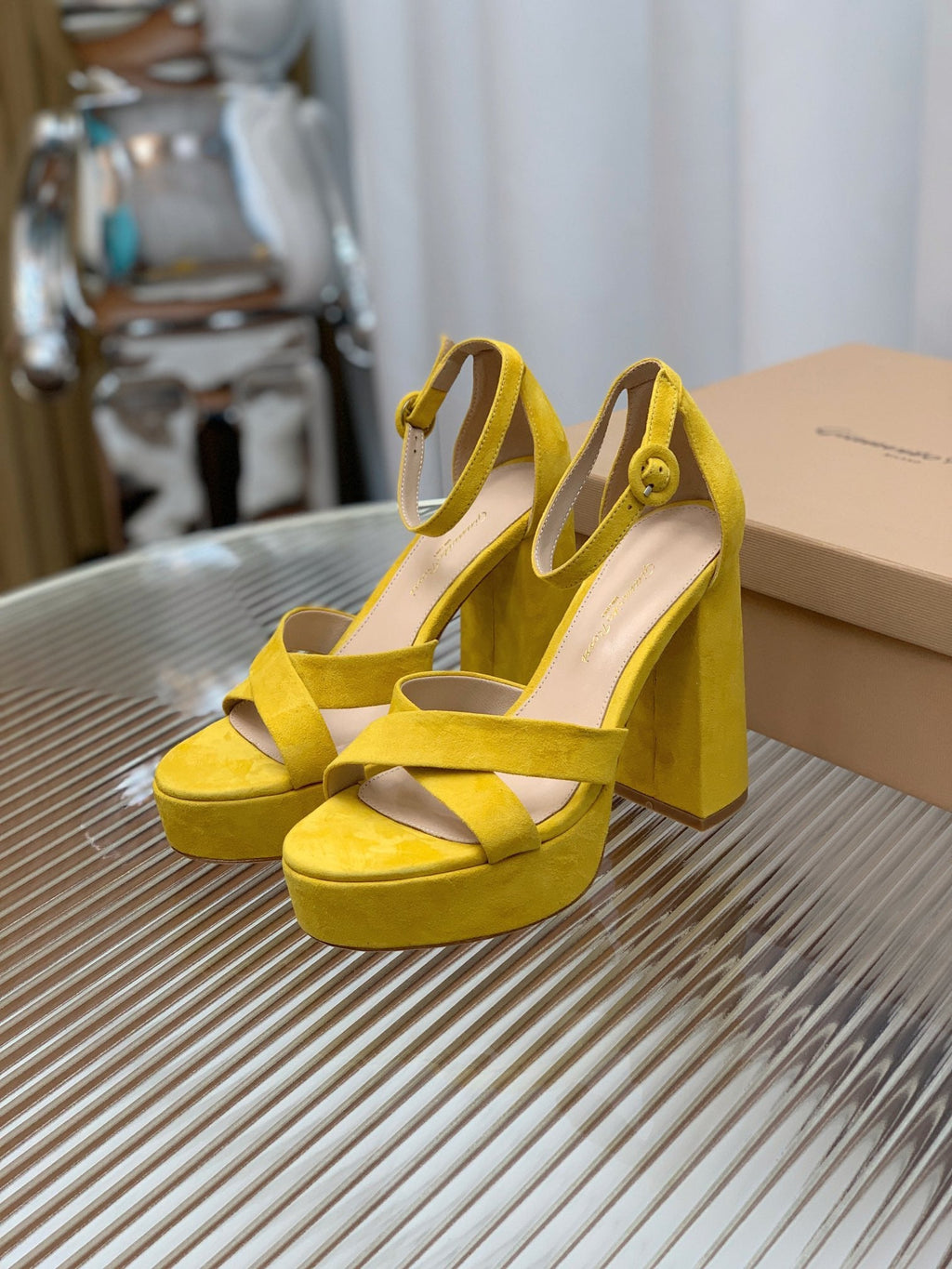 GIANVITO ROSSI 26S PLATFORM SANDALS 115 MM IN YELLOW SUEDE