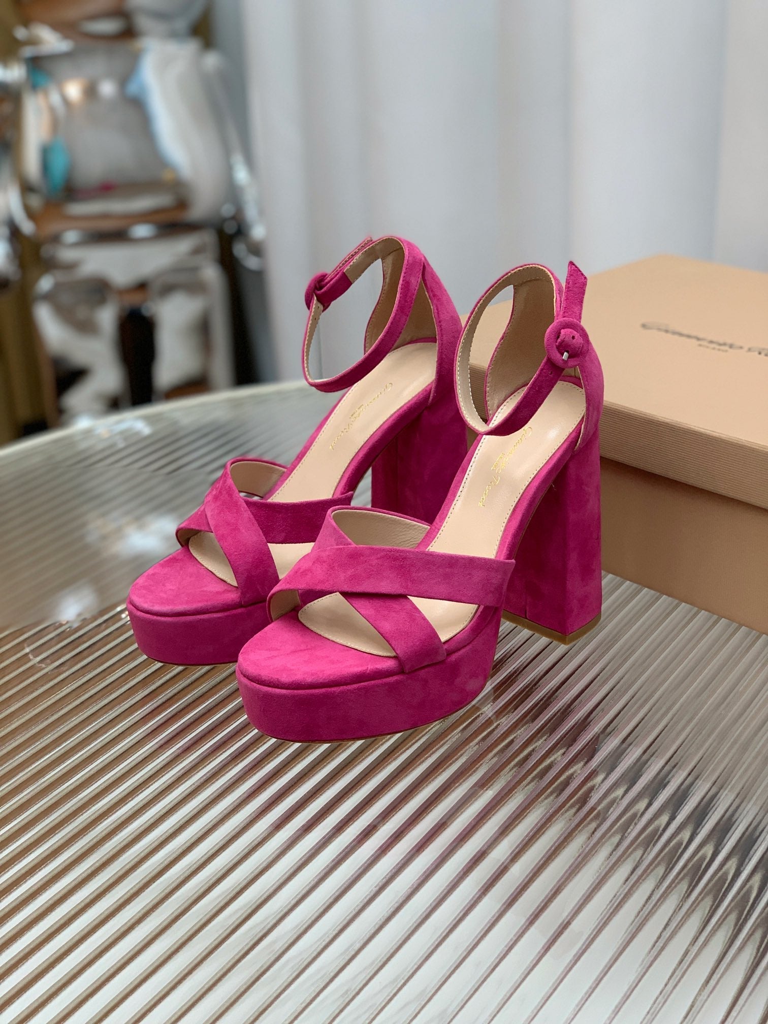 GIANVITO ROSSI 26S PLATFORM SANDALS 115 MM IN DARK PINK SUEDE