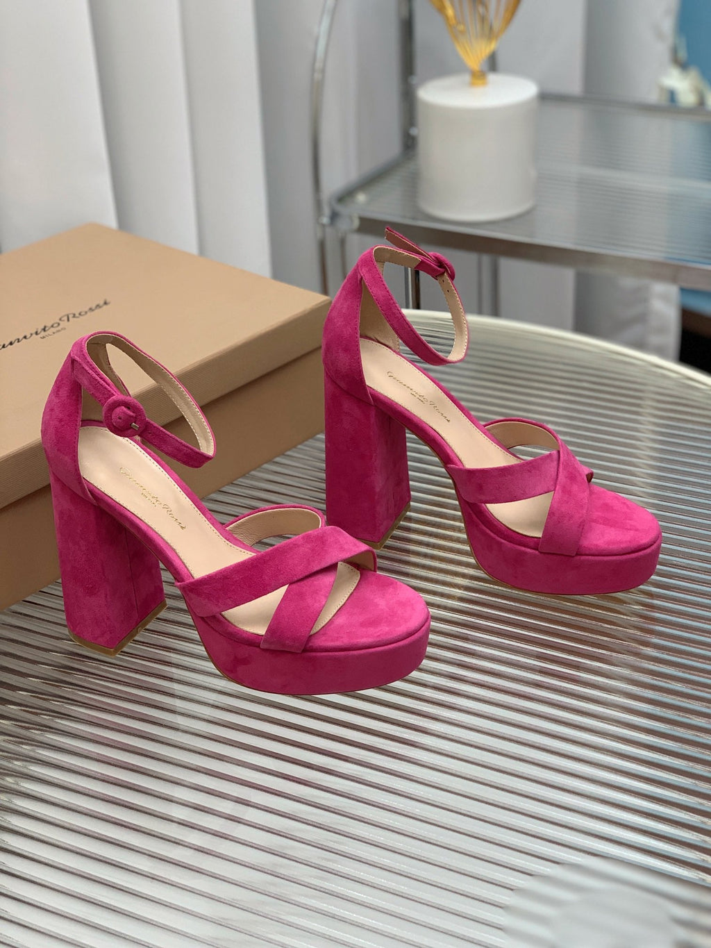 GIANVITO ROSSI 26S PLATFORM SANDALS 115 MM IN DARK PINK SUEDE