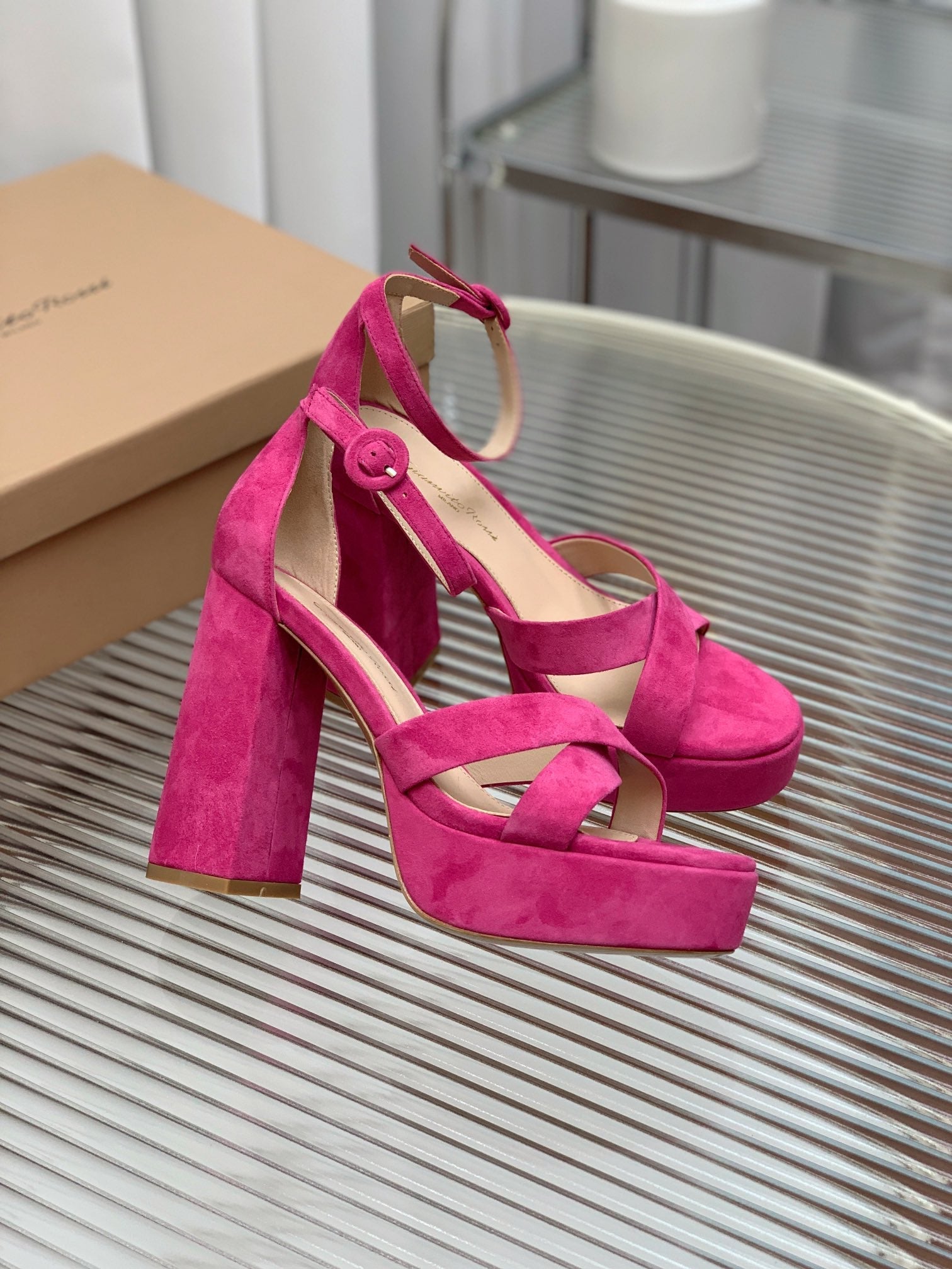 GIANVITO ROSSI 26S PLATFORM SANDALS 115 MM IN DARK PINK SUEDE