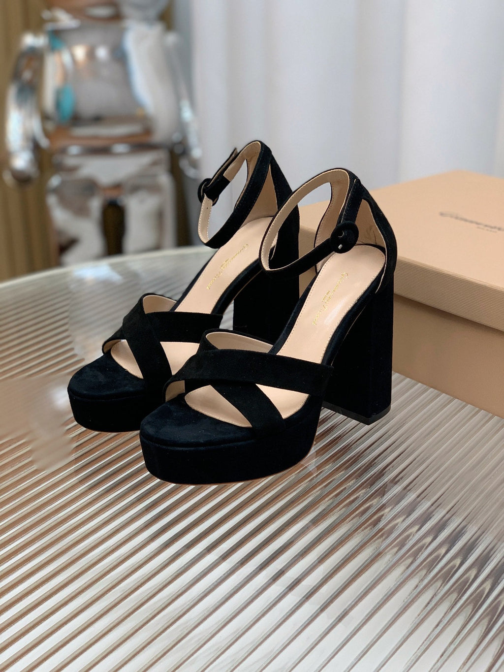 GIANVITO ROSSI 26S PLATFORM SANDALS 115 MM IN BLACK SUEDE