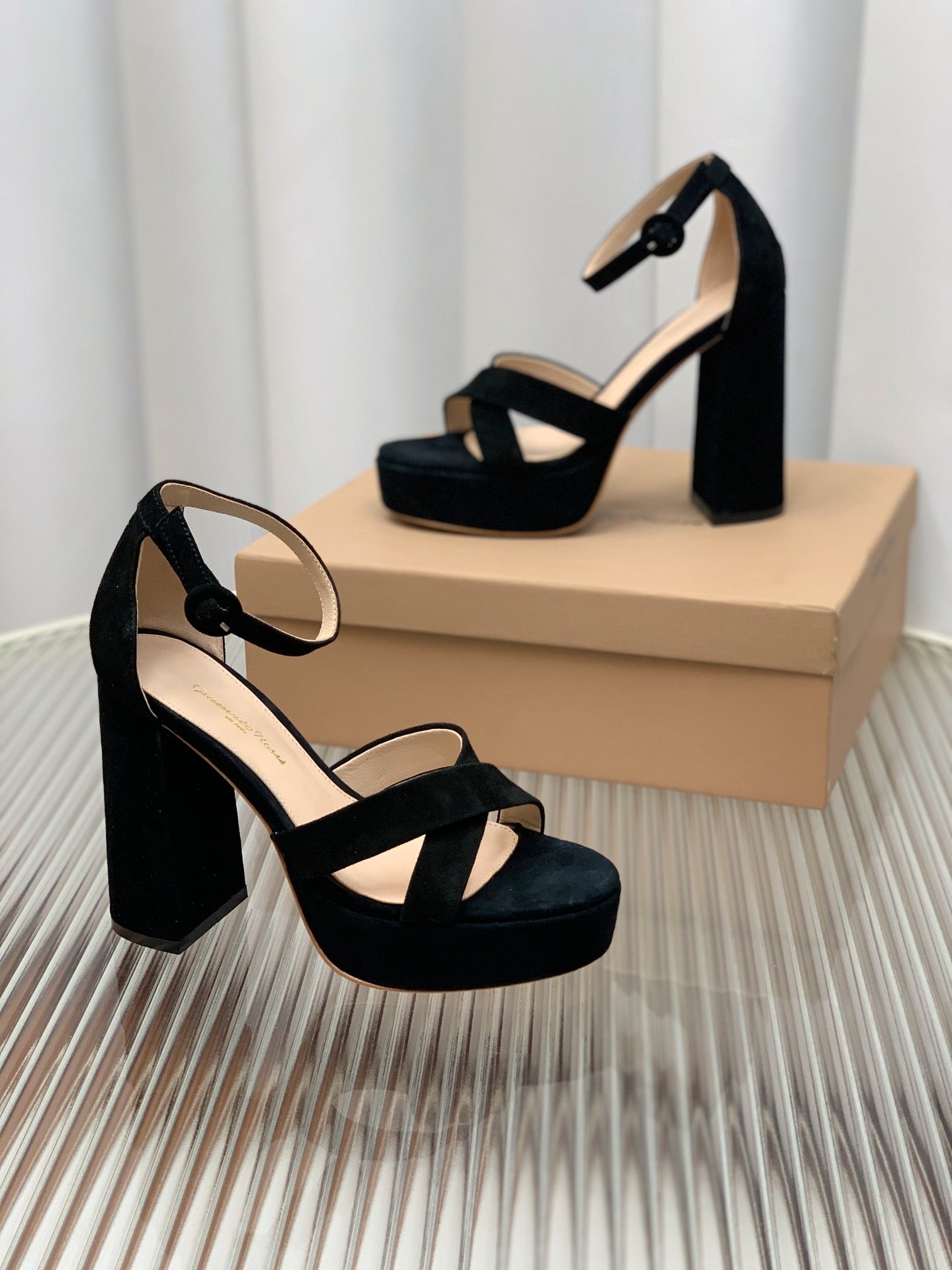 GIANVITO ROSSI 26S PLATFORM SANDALS 115 MM IN BLACK SUEDE