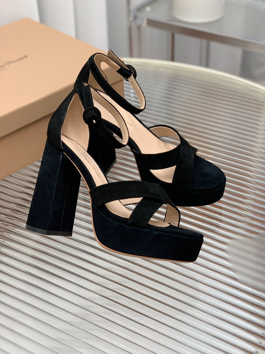 GIANVITO ROSSI 26S PLATFORM SANDALS 115 MM IN BLACK SUEDE