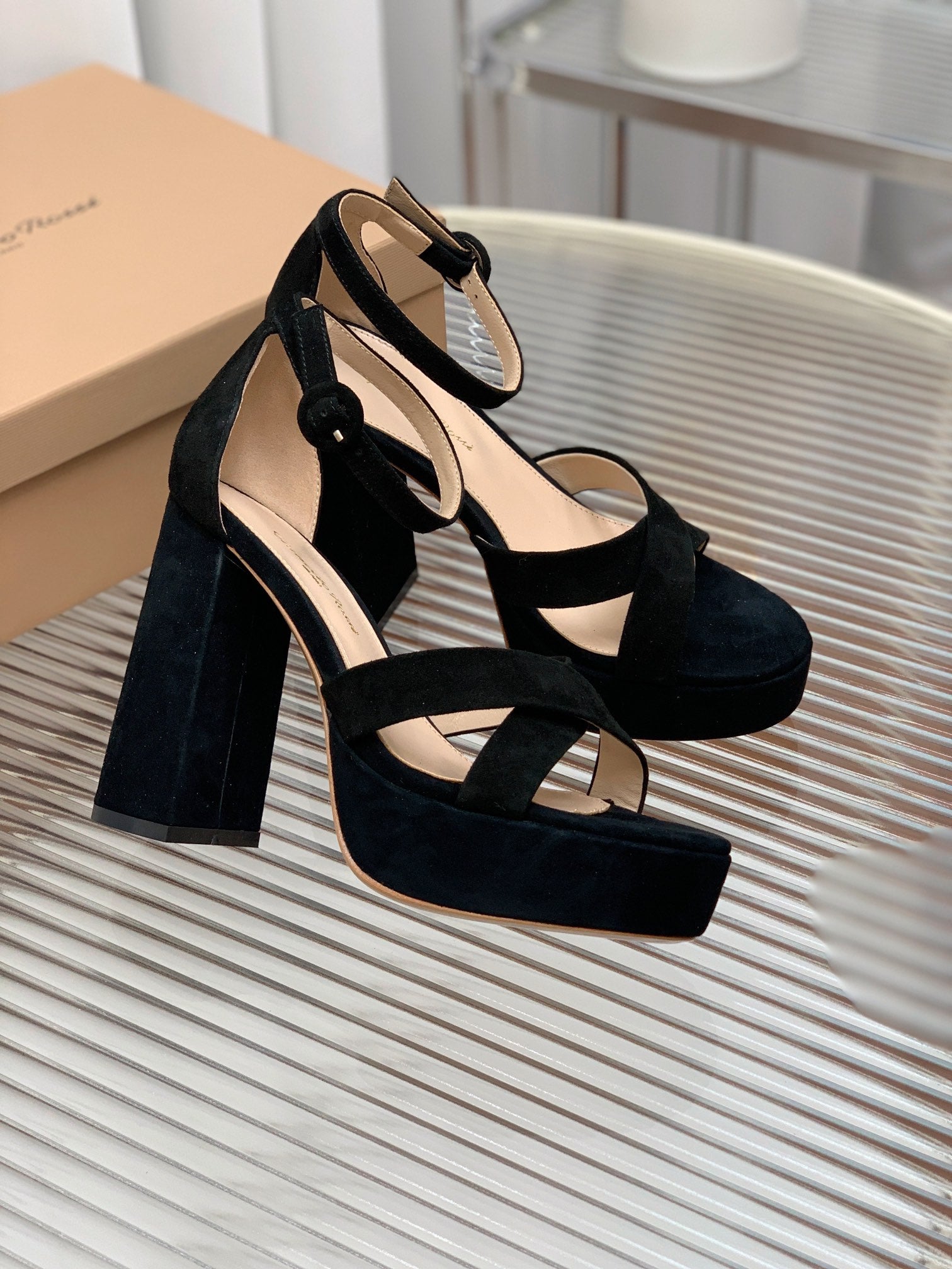 GIANVITO ROSSI 26S PLATFORM SANDALS 115 MM IN BLACK SUEDE