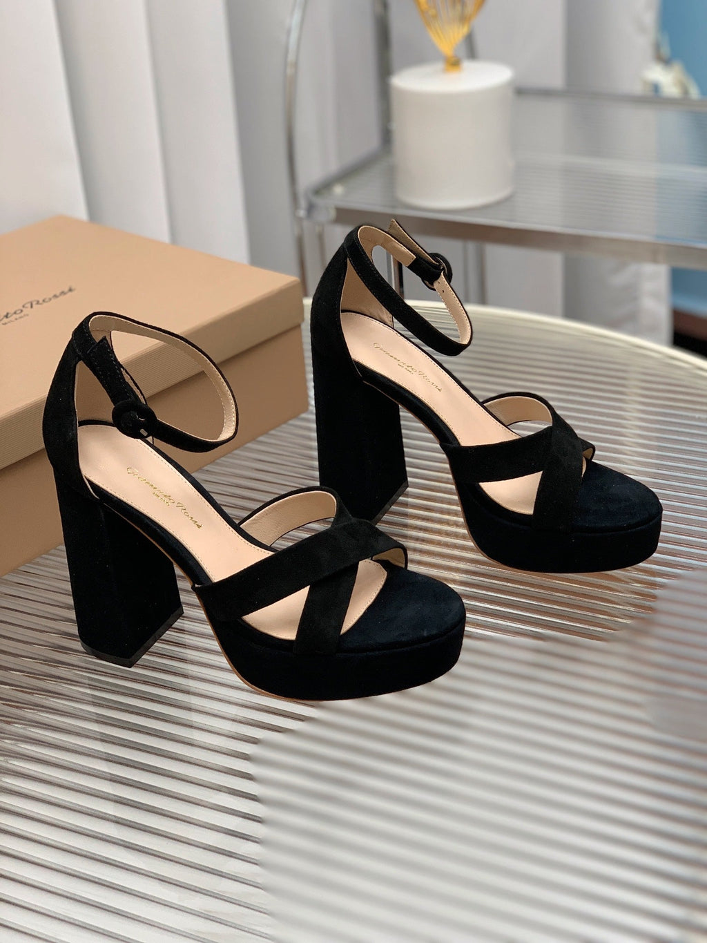 GIANVITO ROSSI 26S PLATFORM SANDALS 115 MM IN BLACK SUEDE