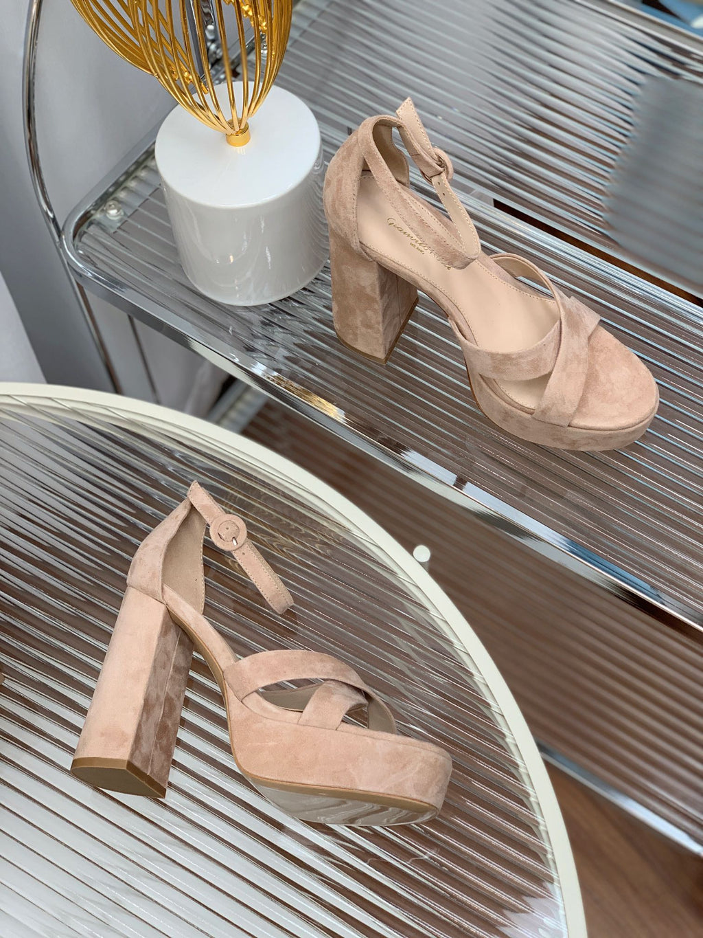 GIANVITO ROSSI 26S PLATFORM SANDALS 115 MM IN BEIGE SUEDE