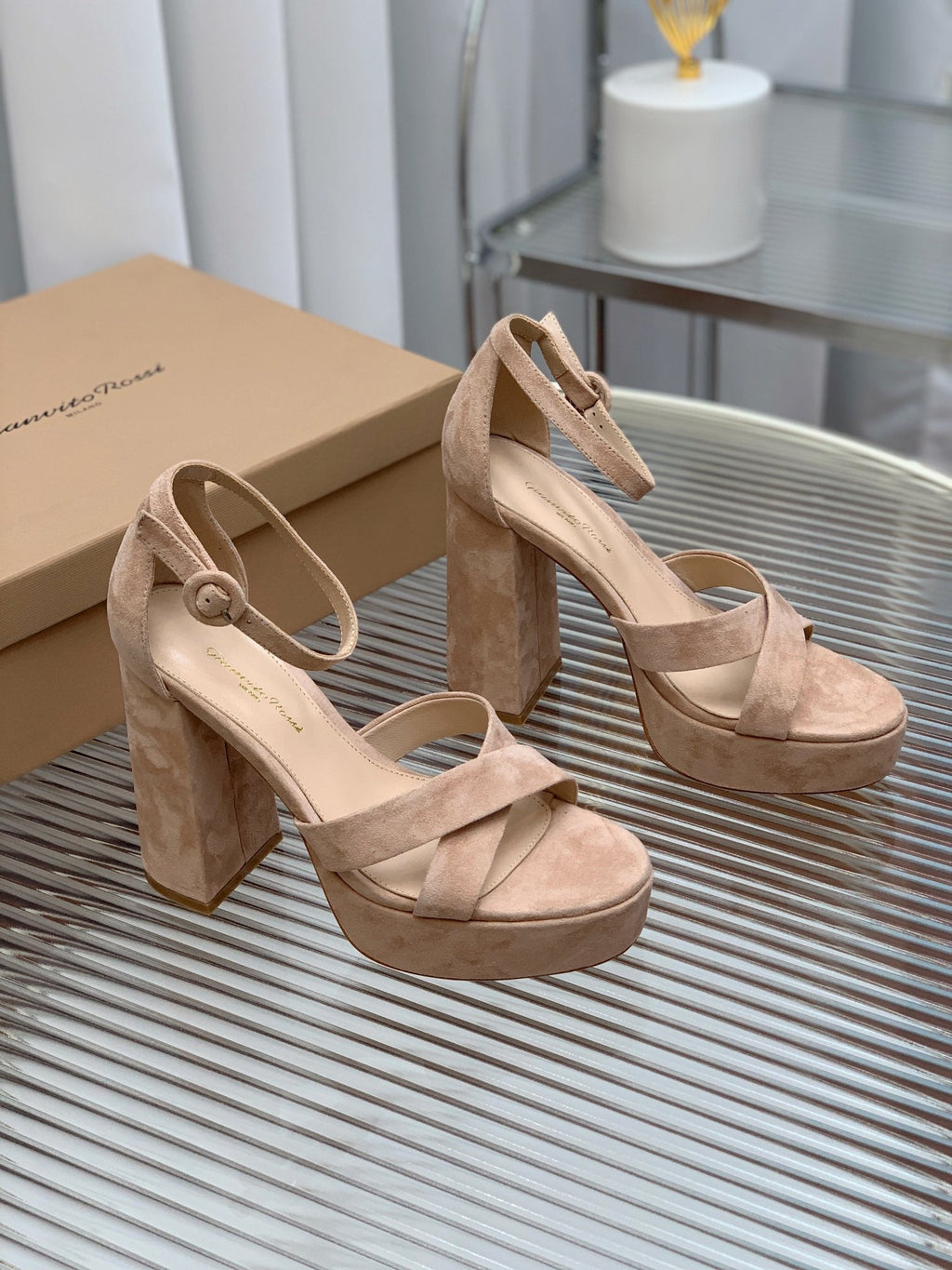 GIANVITO ROSSI 26S PLATFORM SANDALS 115 MM IN BEIGE SUEDE