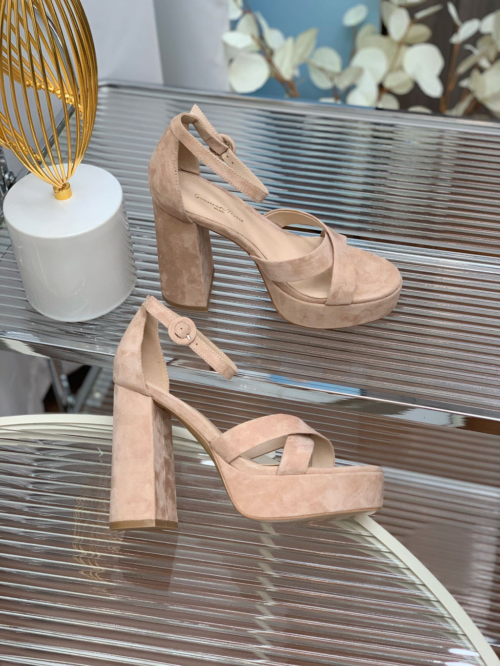GIANVITO ROSSI 26S PLATFORM SANDALS 115 MM IN BEIGE SUEDE