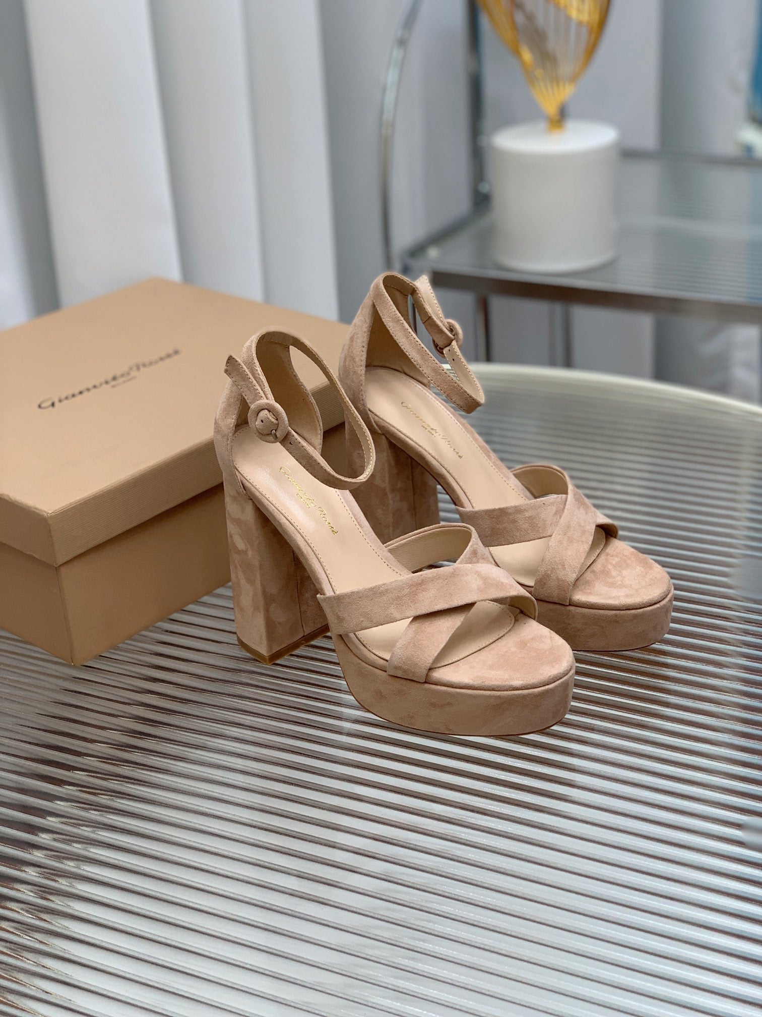 GIANVITO ROSSI 26S PLATFORM SANDALS 115 MM IN BEIGE SUEDE