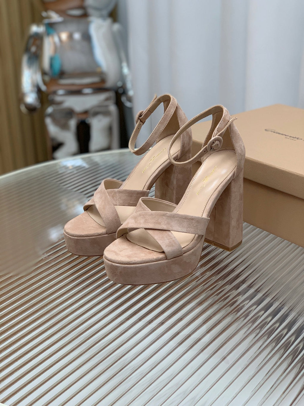 GIANVITO ROSSI 26S PLATFORM SANDALS 115 MM IN BEIGE SUEDE