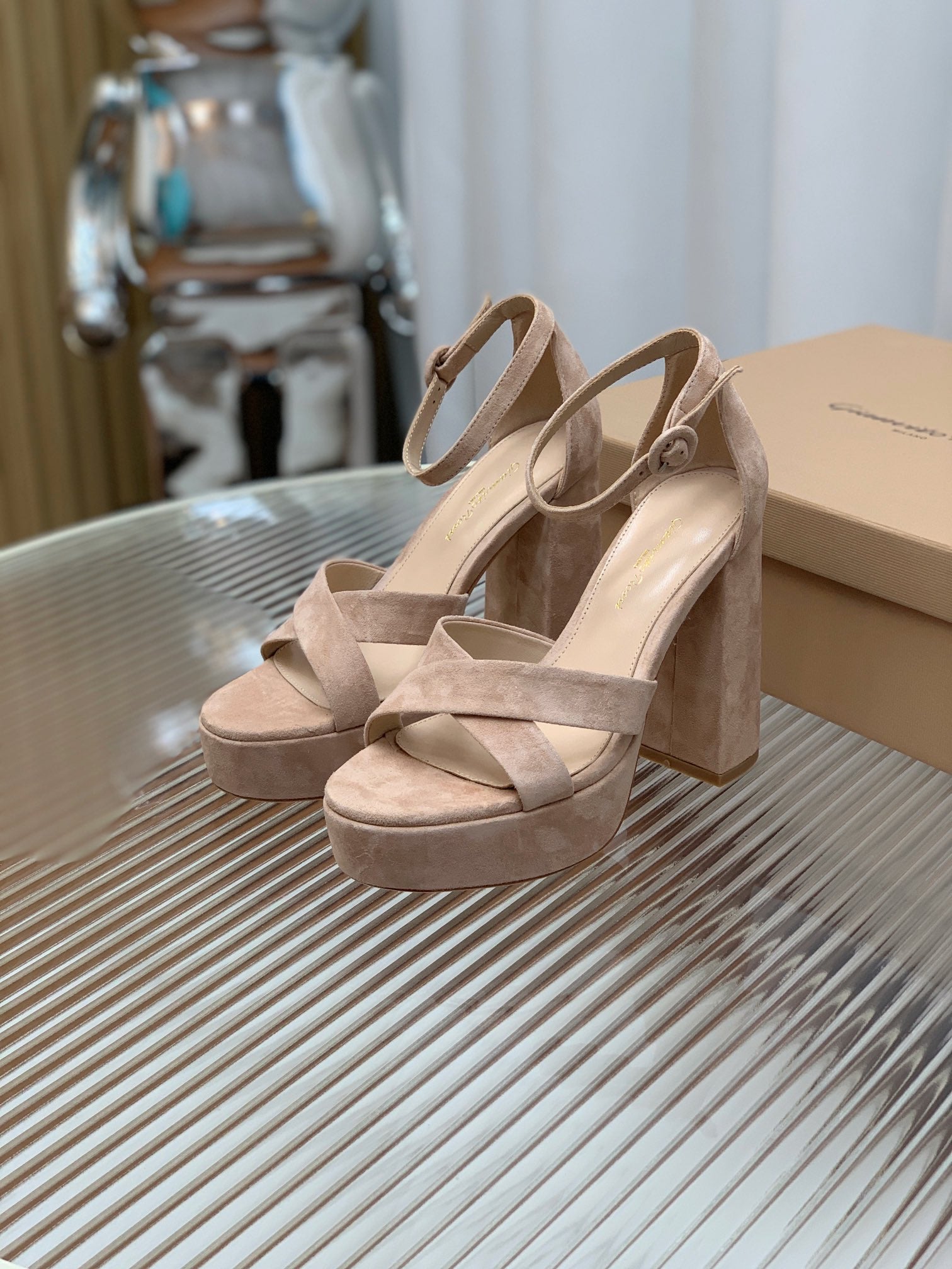 GIANVITO ROSSI 26S PLATFORM SANDALS 115 MM IN BEIGE SUEDE