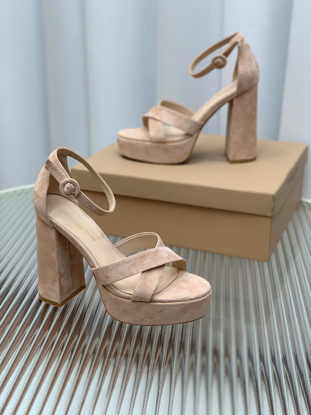 GIANVITO ROSSI 26S PLATFORM SANDALS 115 MM IN BEIGE SUEDE