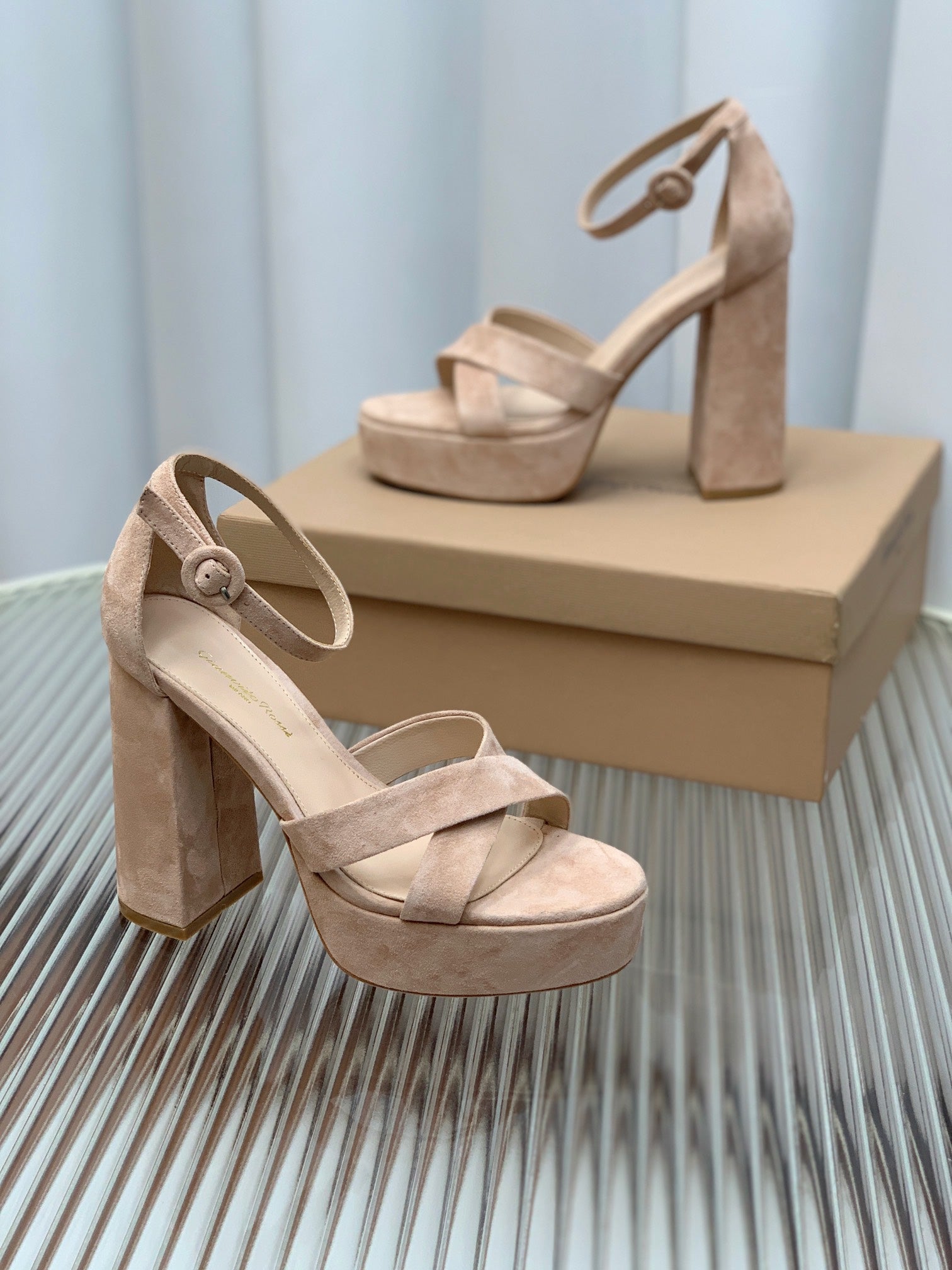 GIANVITO ROSSI 26S PLATFORM SANDALS 115 MM IN BEIGE SUEDE